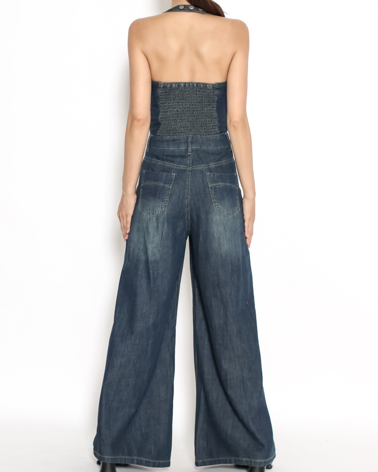 washed blue denim halter jumpsuit *pre-order*