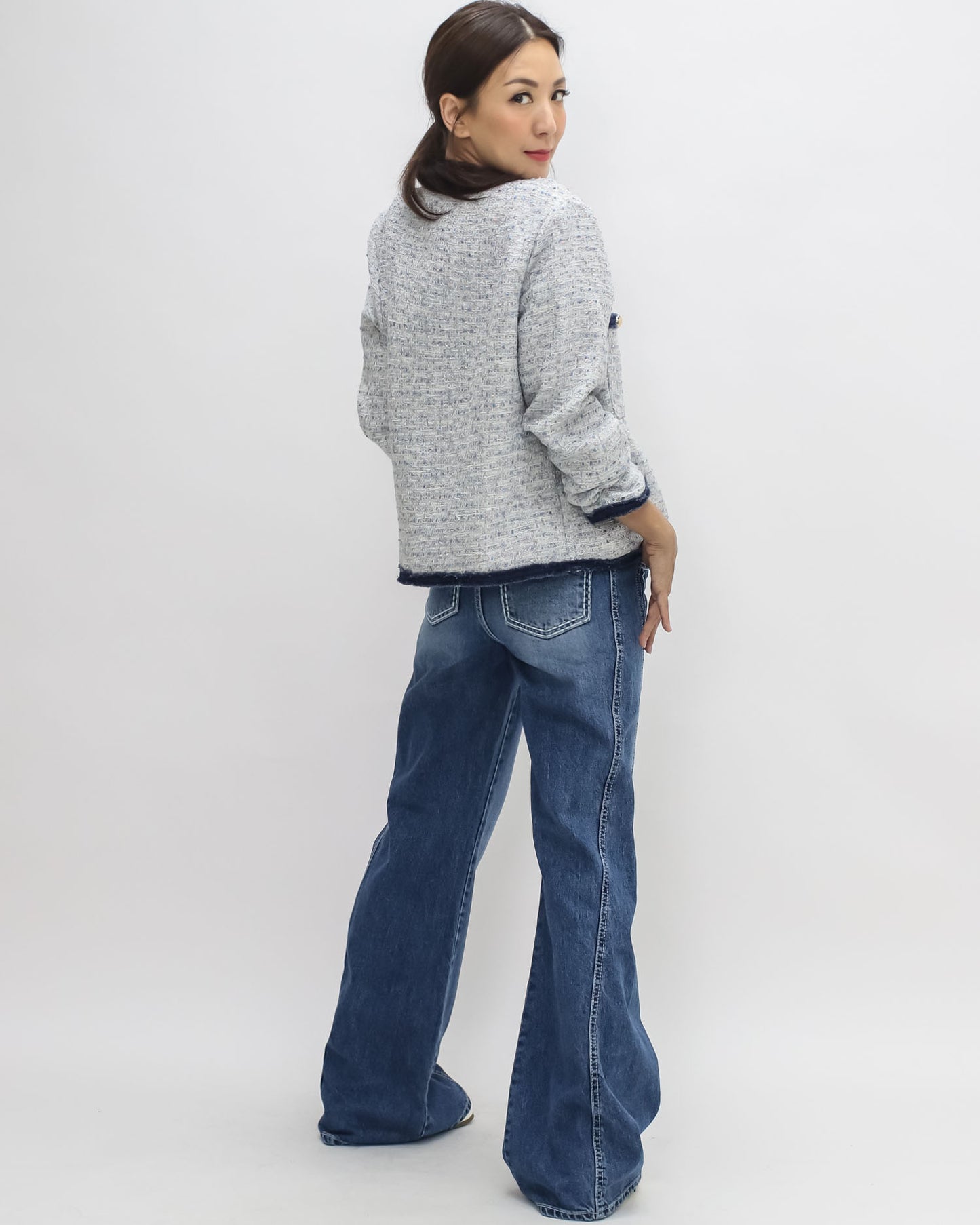 ivory & blue w/ navy trim tweed jacket