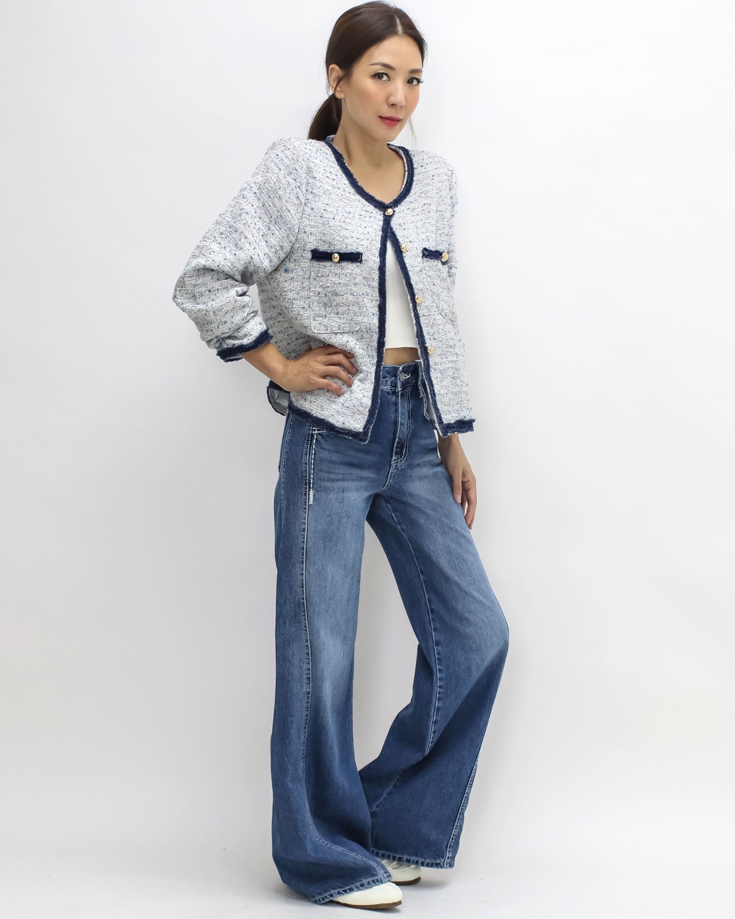 ivory & blue w/ navy trim tweed jacket
