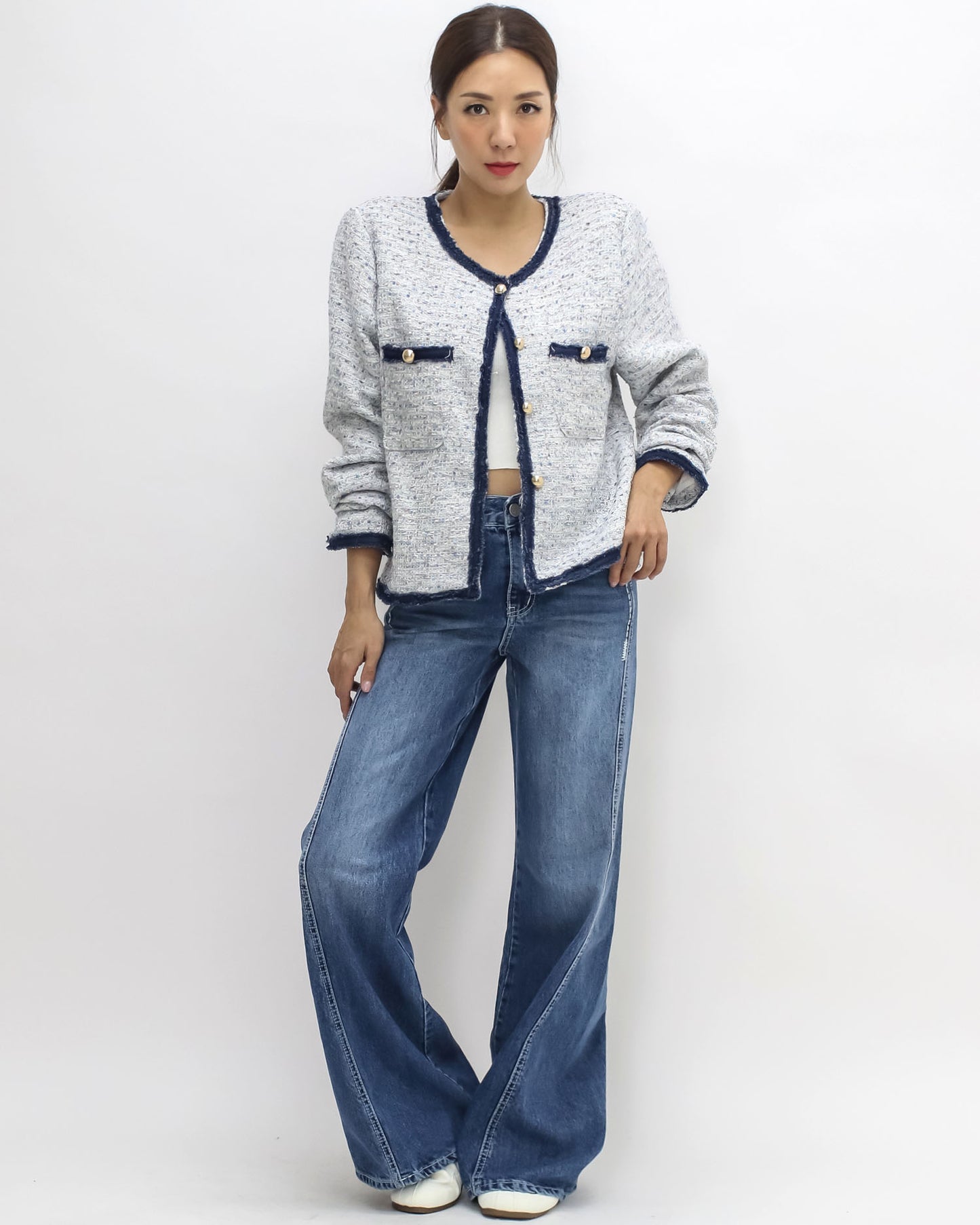 ivory & blue w/ navy trim tweed jacket