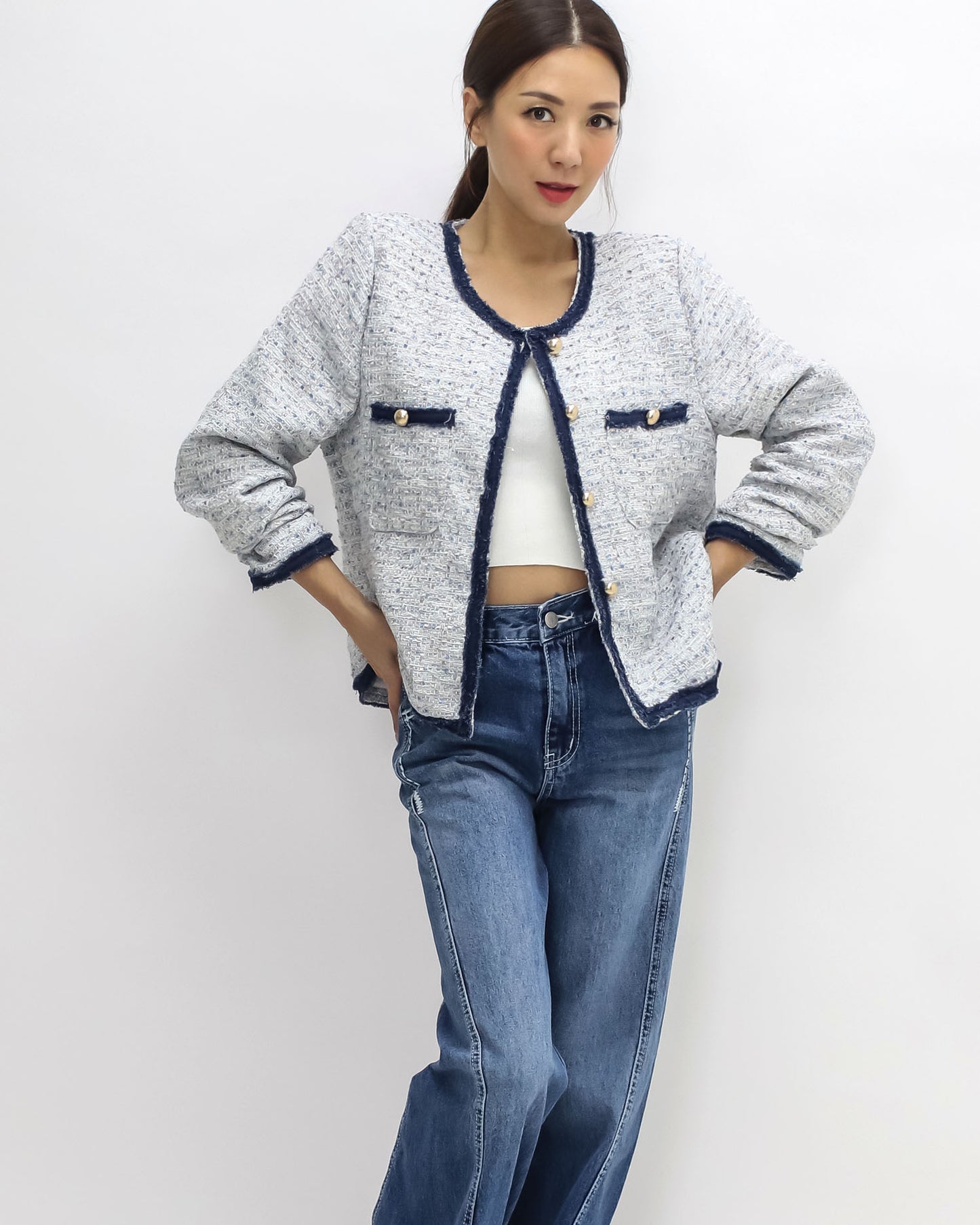 ivory & blue w/ navy trim tweed jacket