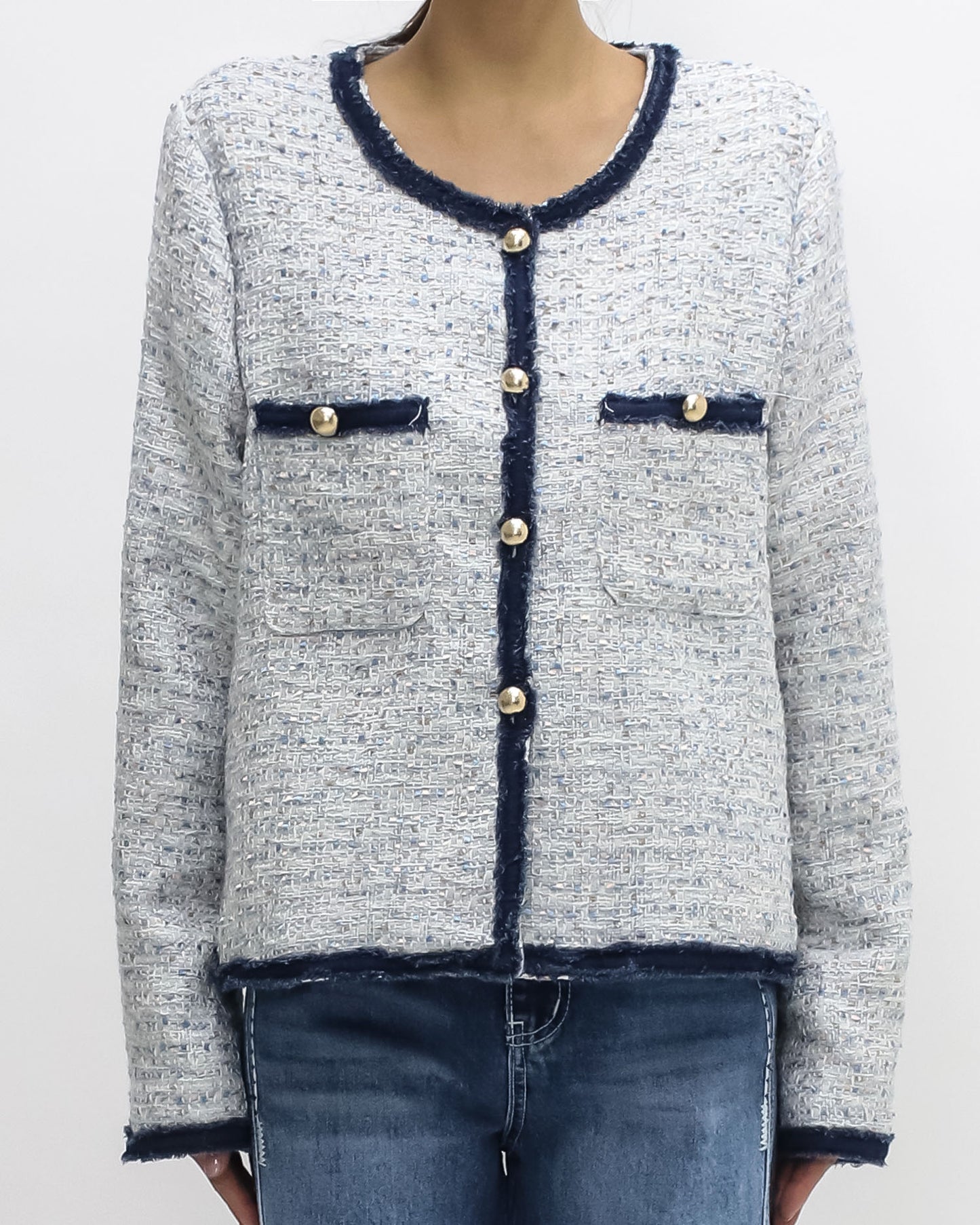 ivory & blue w/ navy trim tweed jacket