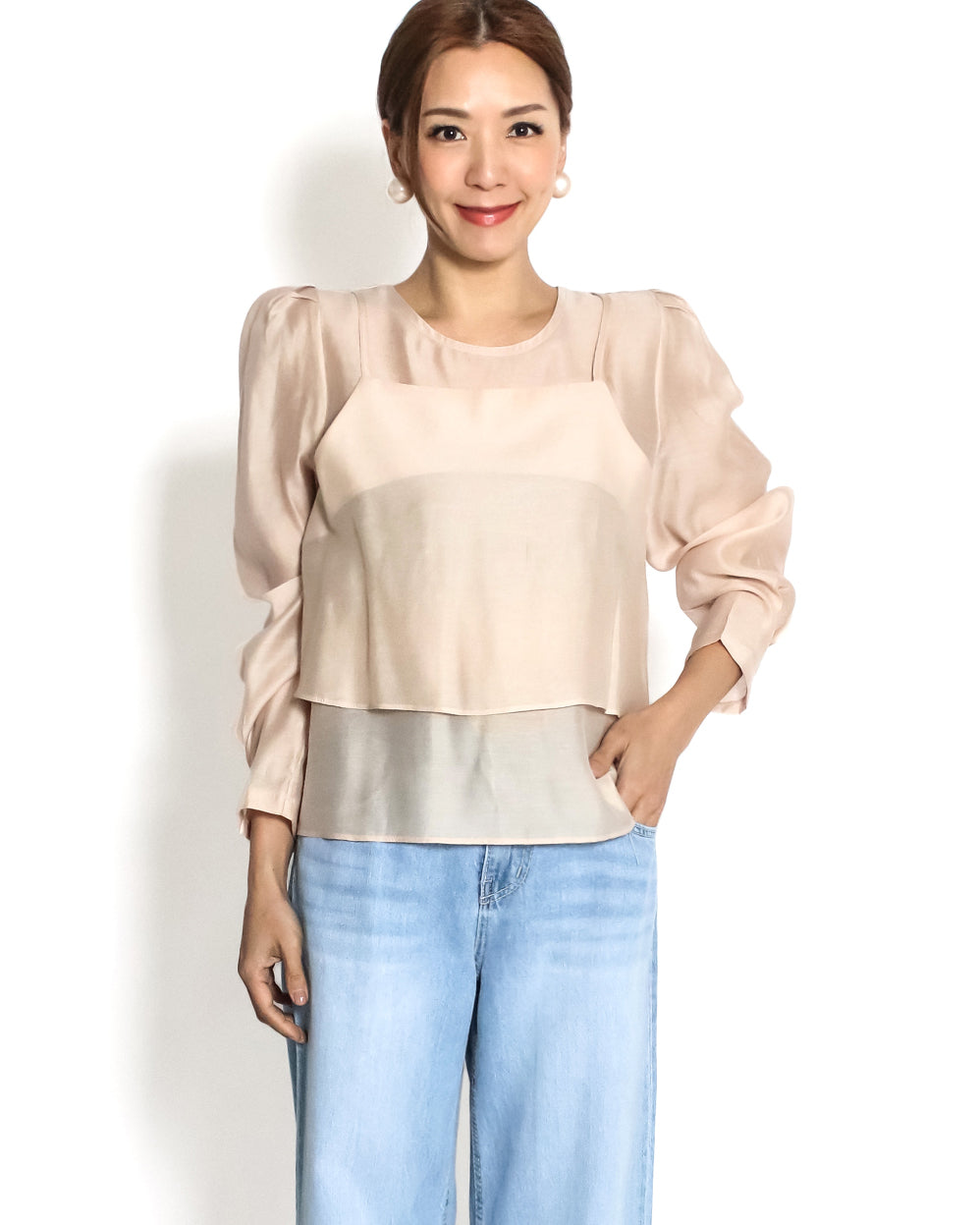 nude pink organza sheer slip layer front top