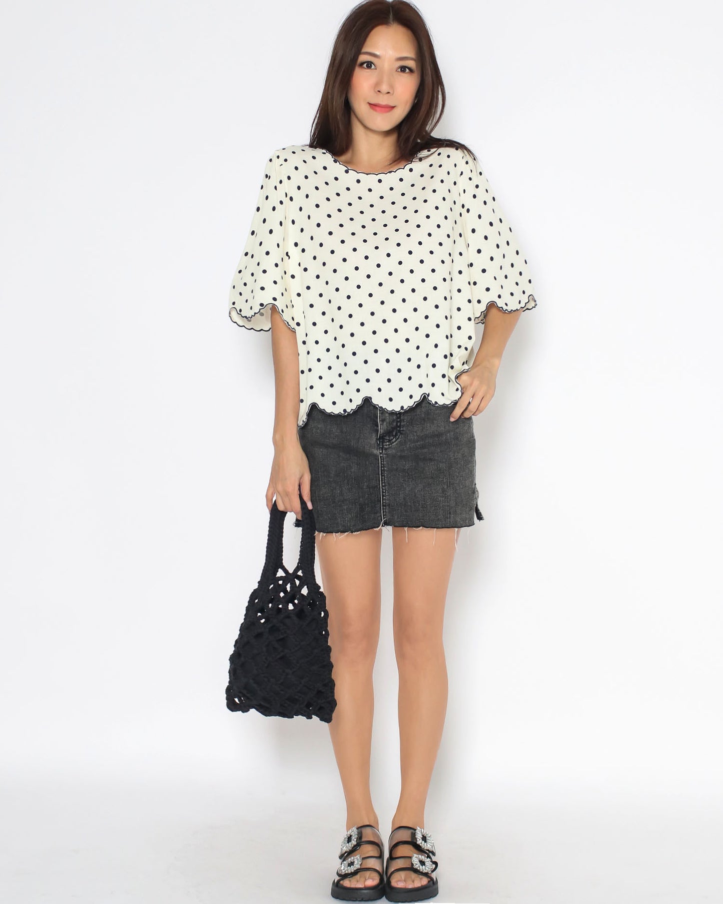 beige polka dots scallop hem shirt top