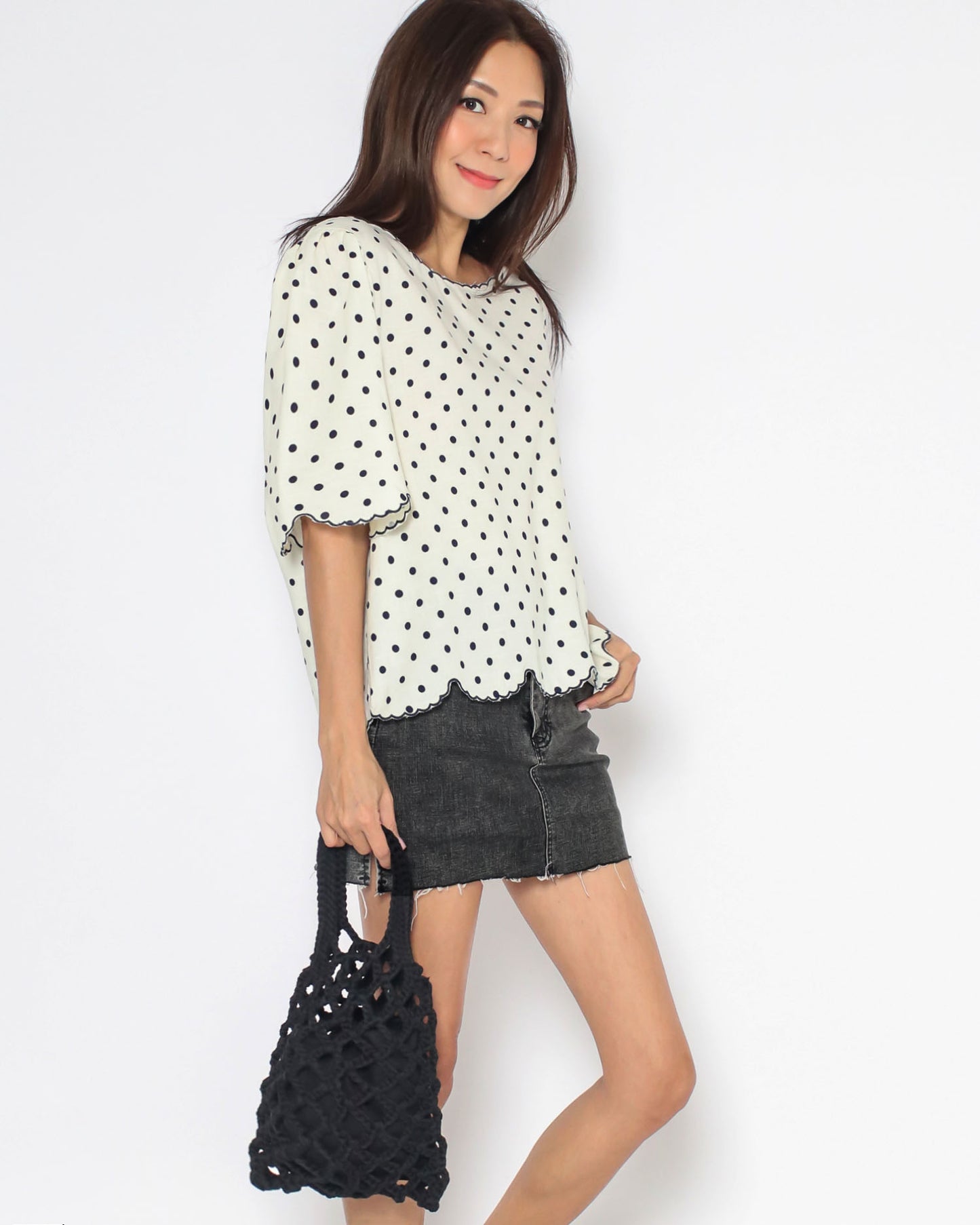 beige polka dots scallop hem shirt top