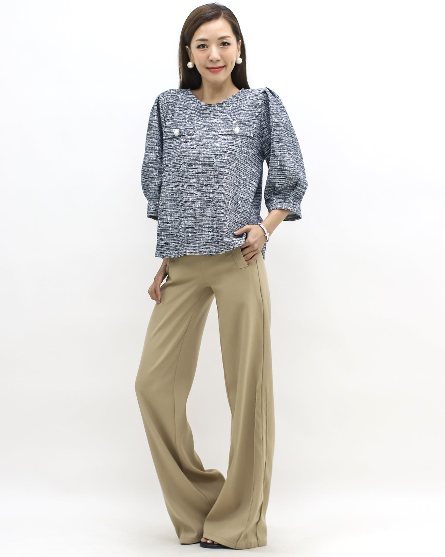 navy tweed puff sleeves top