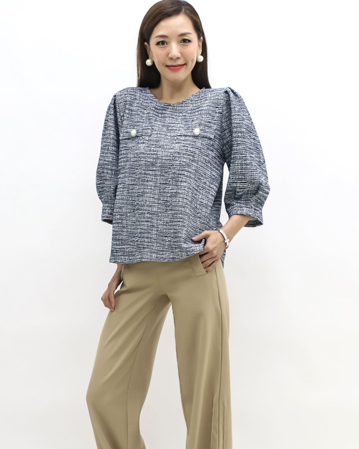 navy tweed puff sleeves top