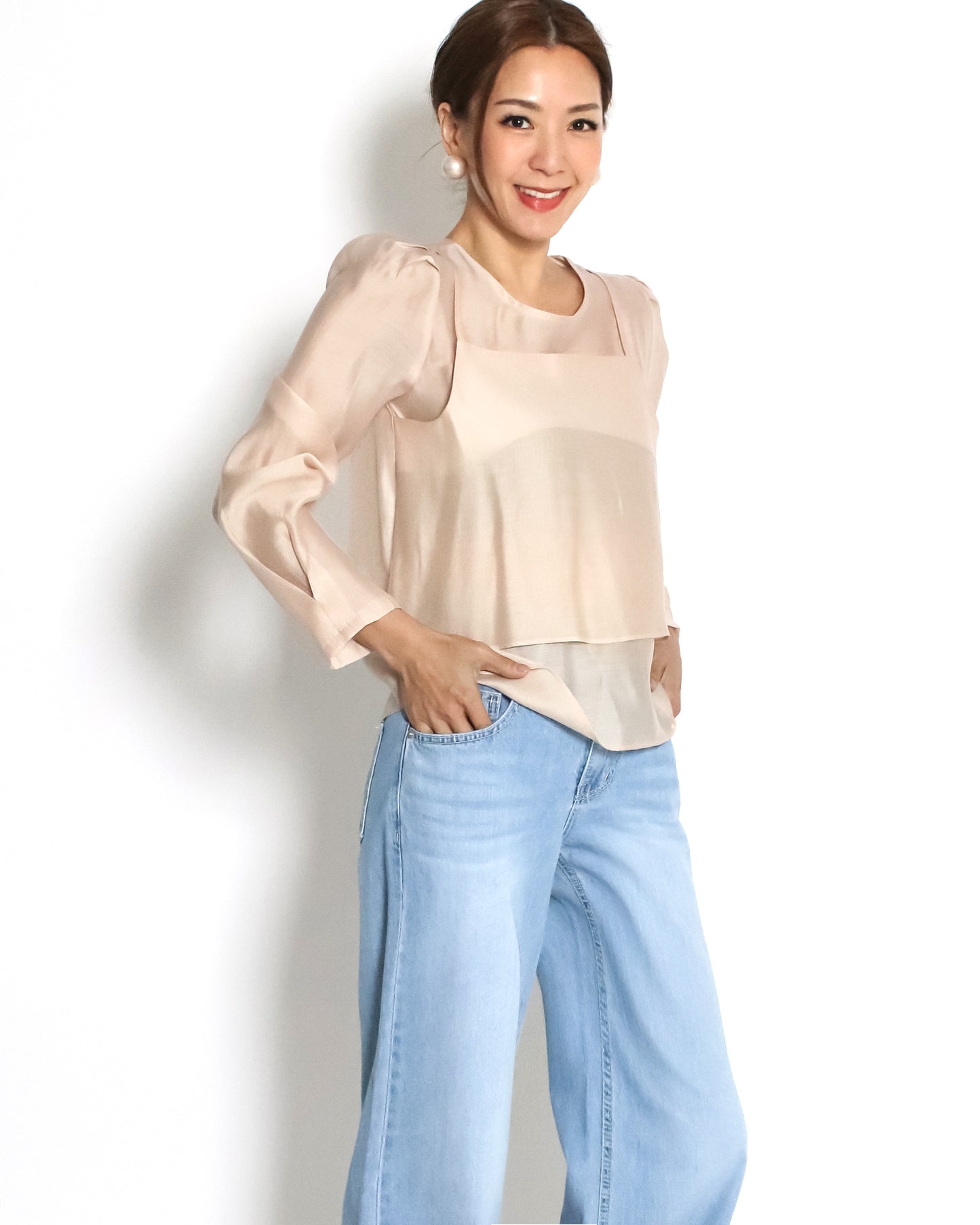 nude pink organza sheer slip layer front top