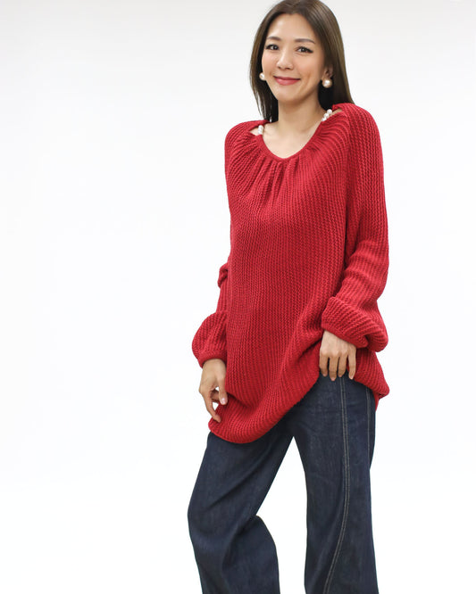 red w/ pearls chains cutout knitted top