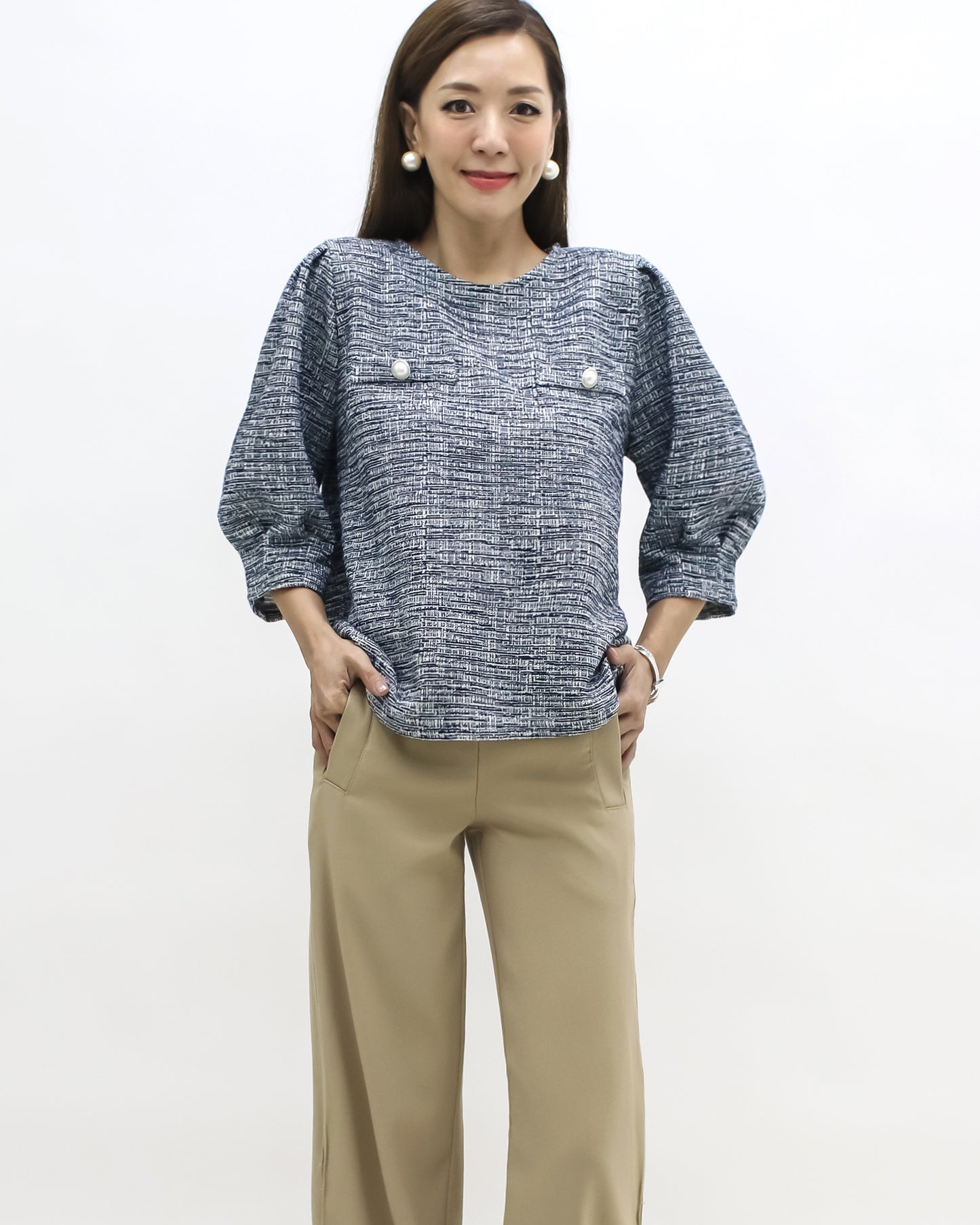 navy tweed puff sleeves top