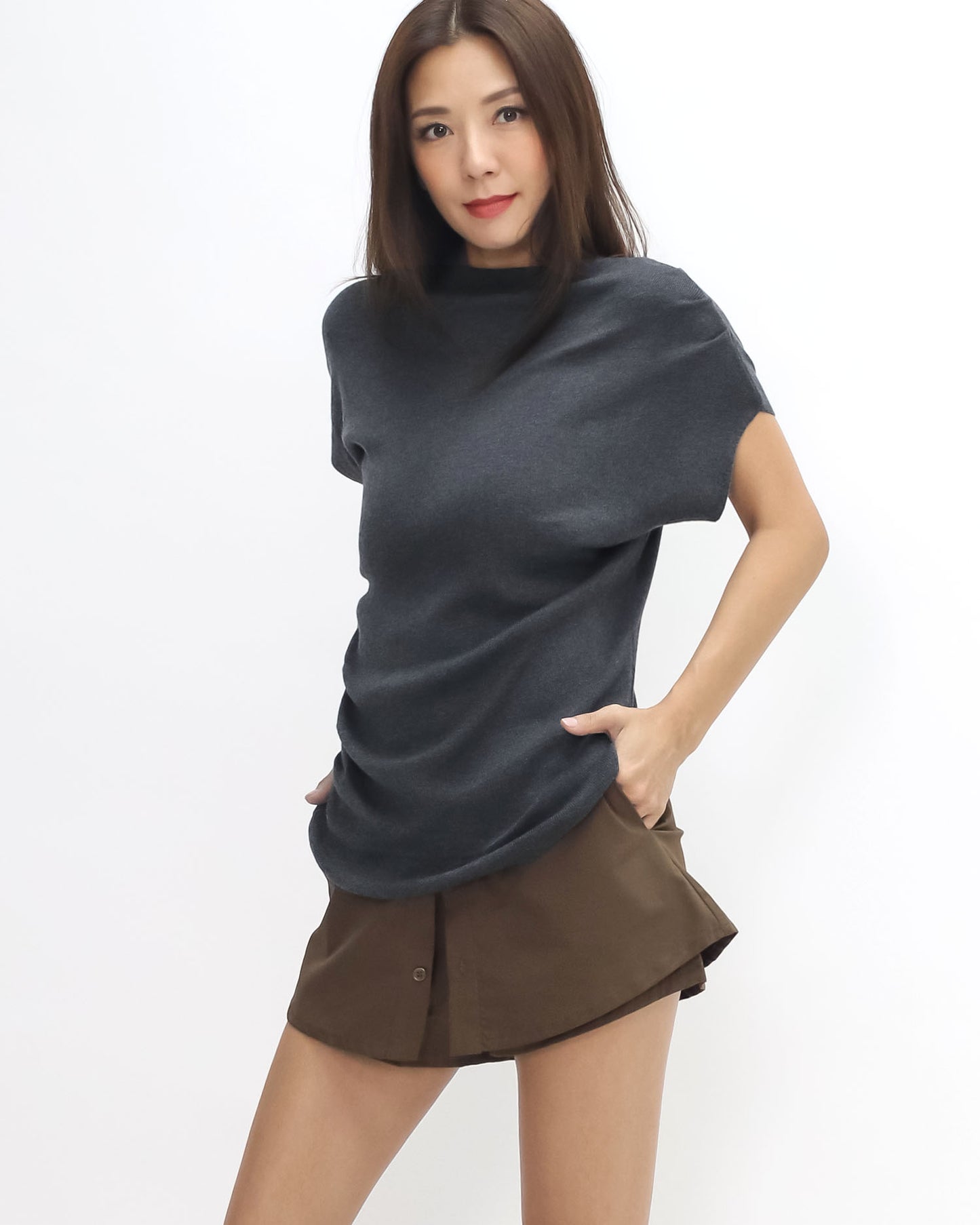 charcoal grey ruched high neck soft knitted top