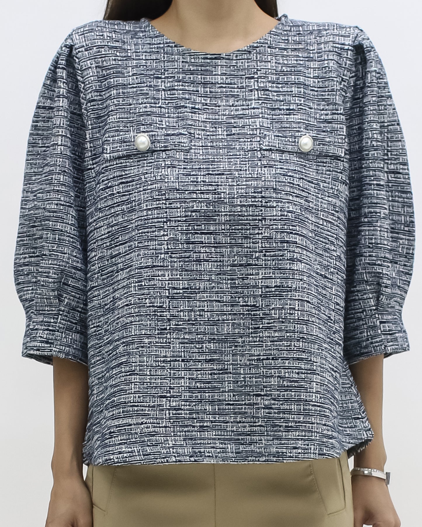 navy tweed puff sleeves top