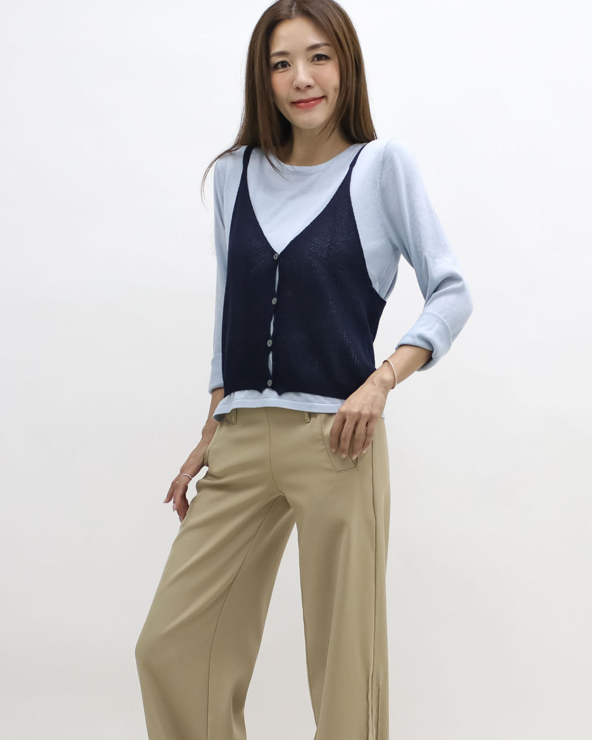 blue & navy slip knitted set top