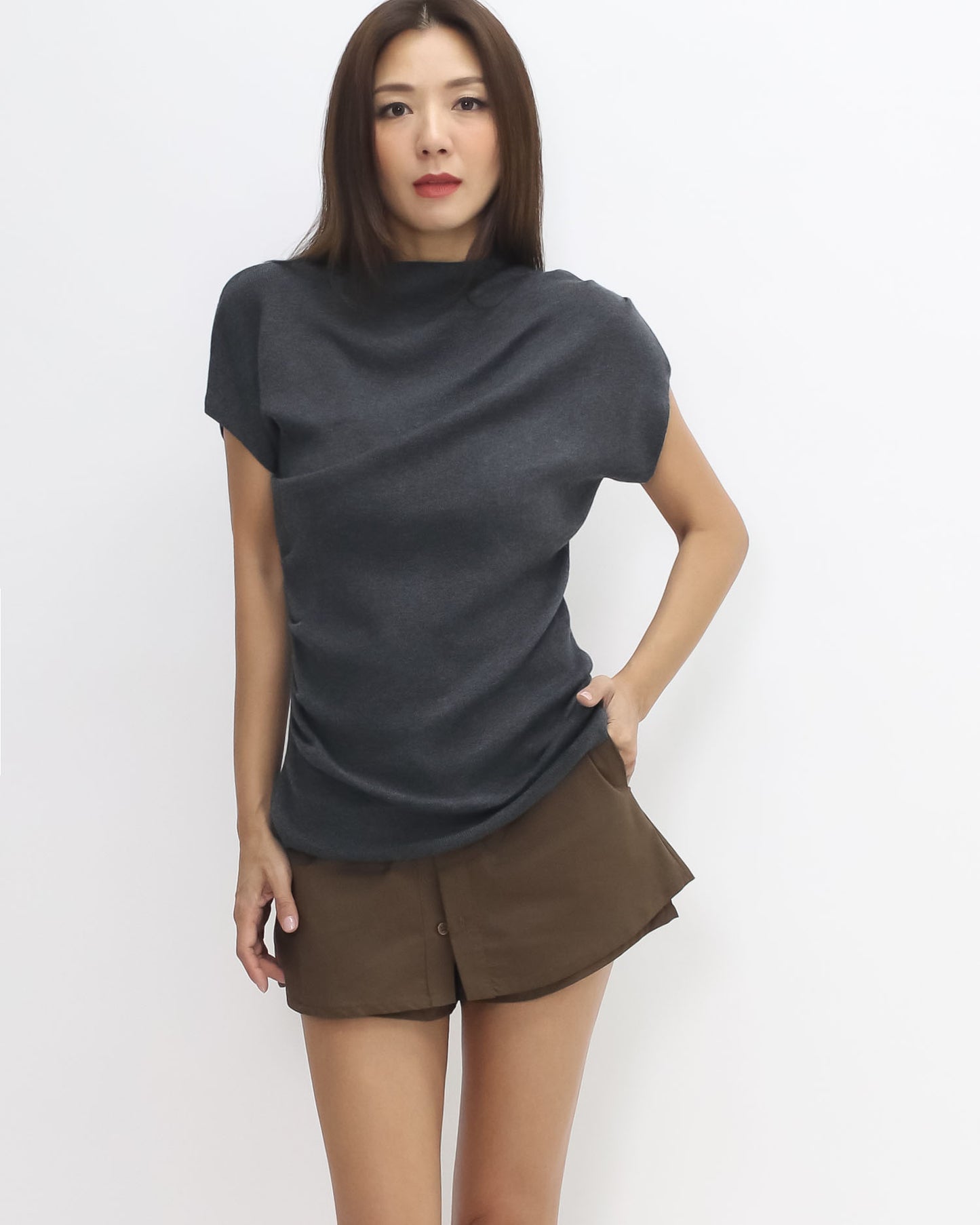 charcoal grey ruched high neck soft knitted top