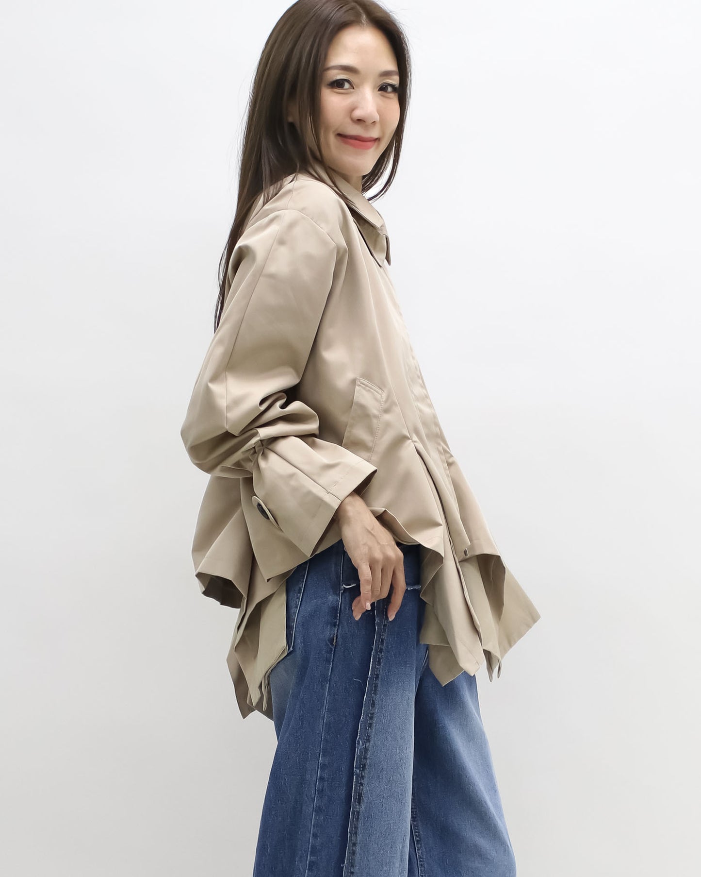 beige asymmetric hem trench jacket
