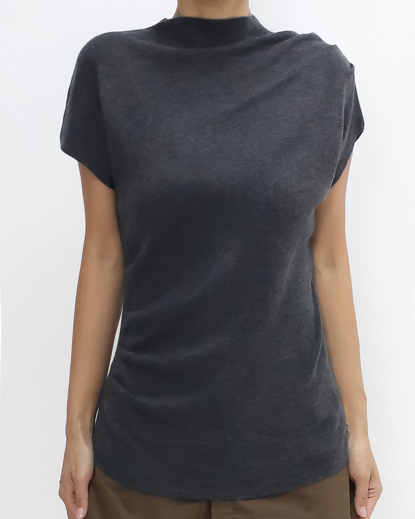 charcoal grey ruched high neck soft knitted top