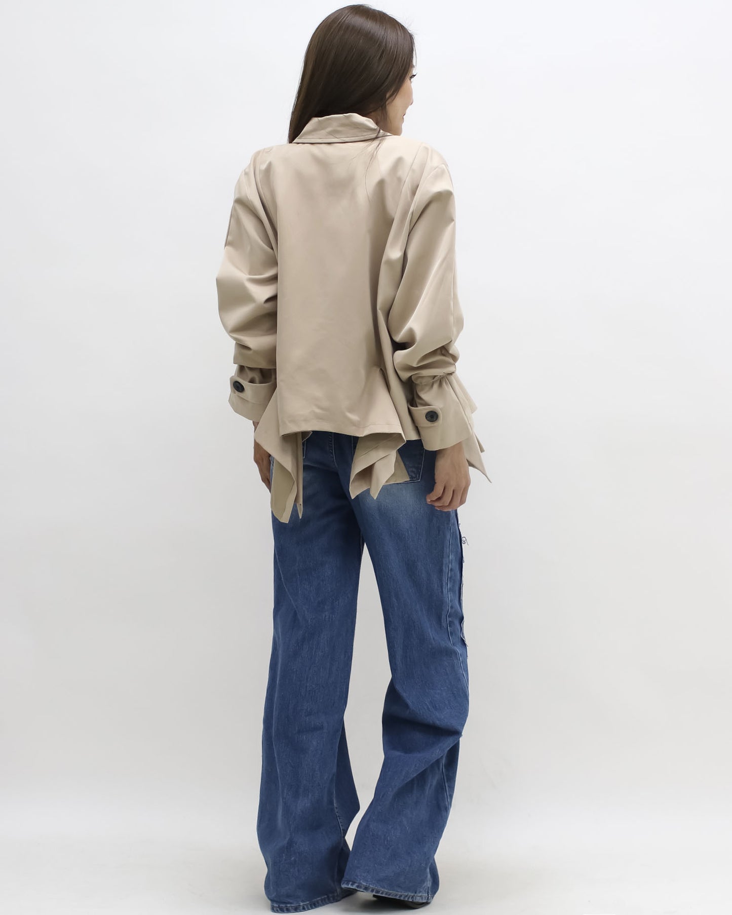 beige asymmetric hem trench jacket