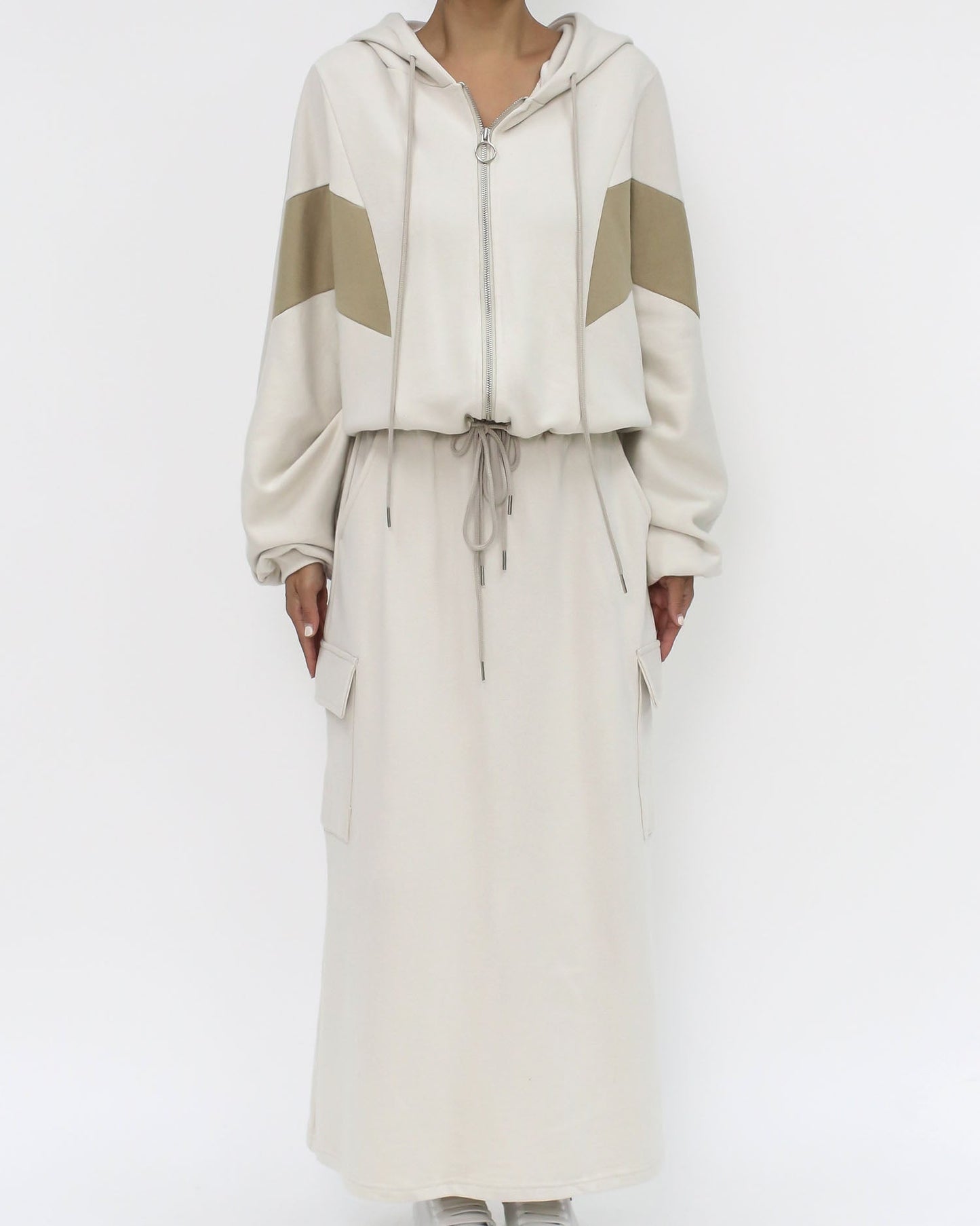 ivory & beige sweat hoodie jacket & skirt set