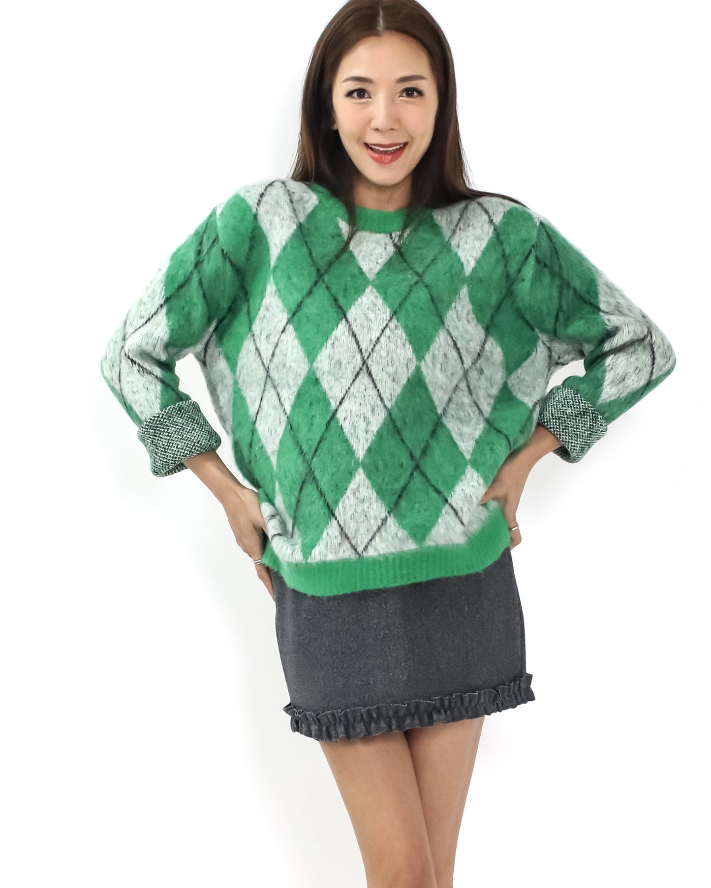 green & grey checkers print knitted top