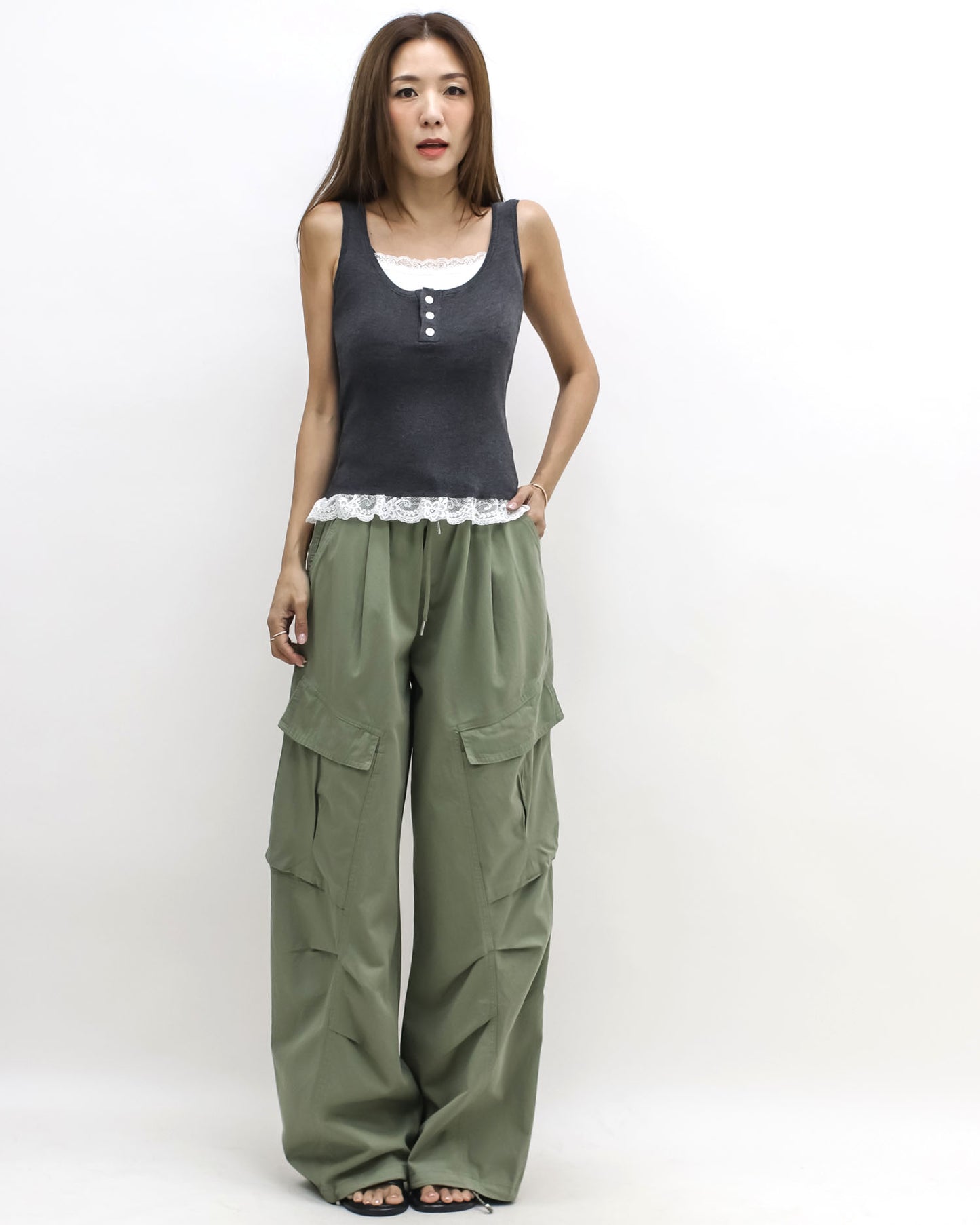 green ruched pockets cargo pants