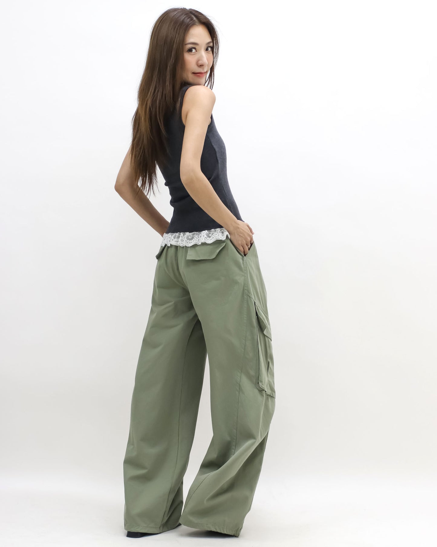 green ruched pockets cargo pants