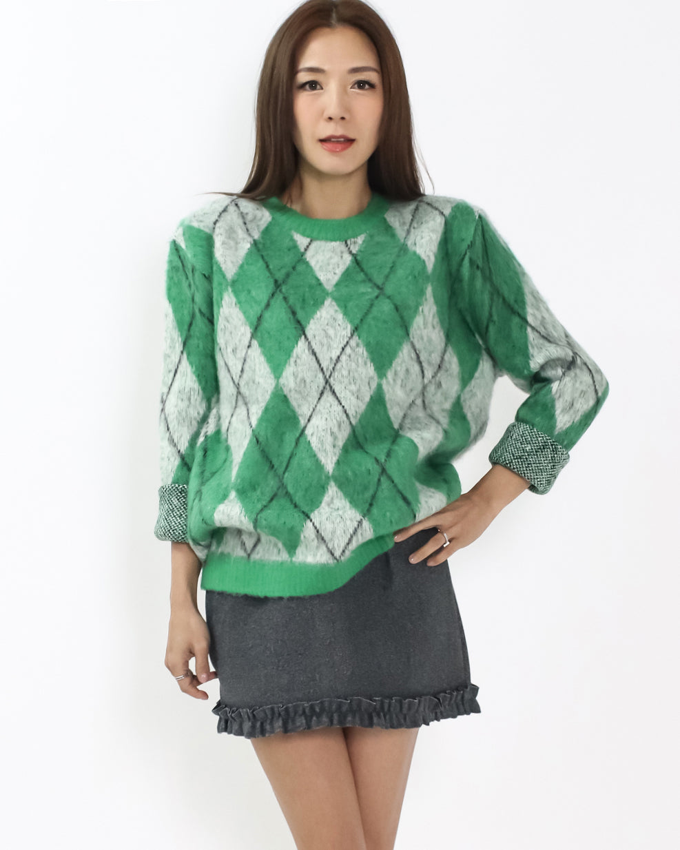 green & grey checkers print knitted top