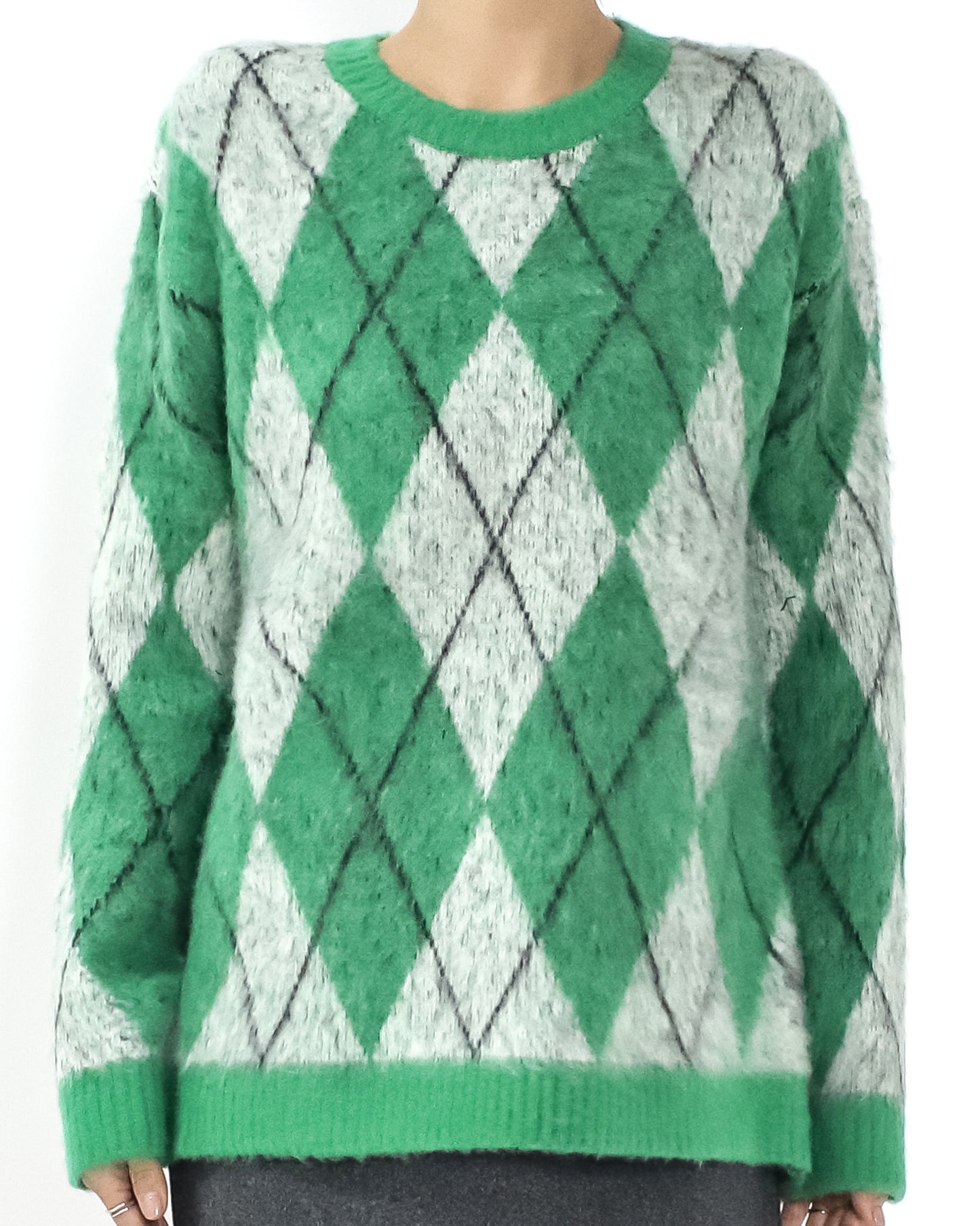 green & grey checkers print knitted top
