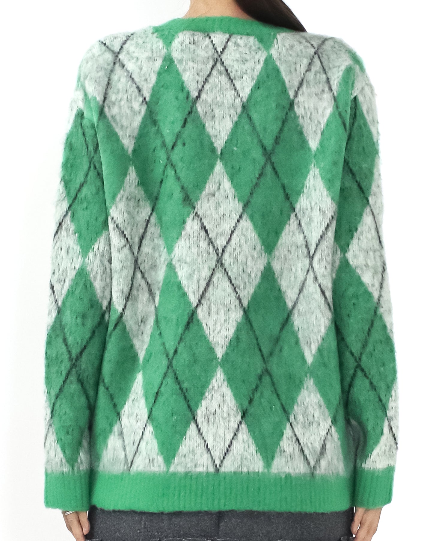 green & grey checkers print knitted top