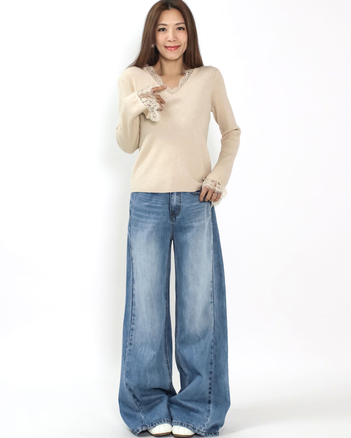 beige oat lace trim knitted top
