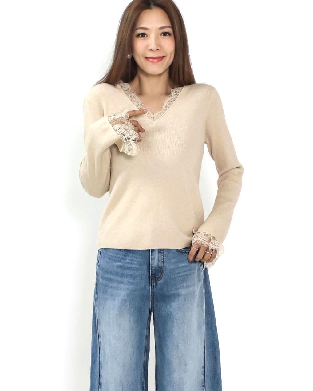 beige oat lace trim knitted top