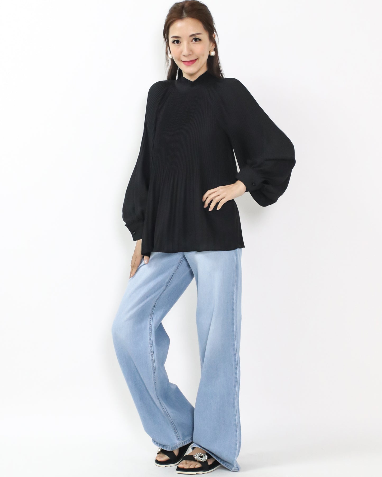 blue denim layer waist straight leg jeans