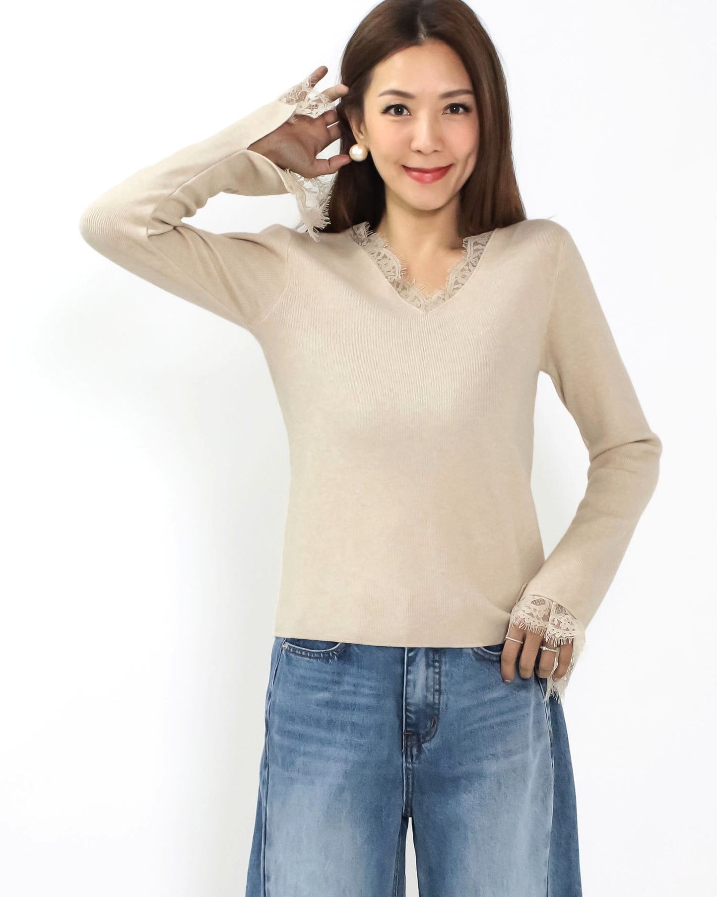 beige oat lace trim knitted top