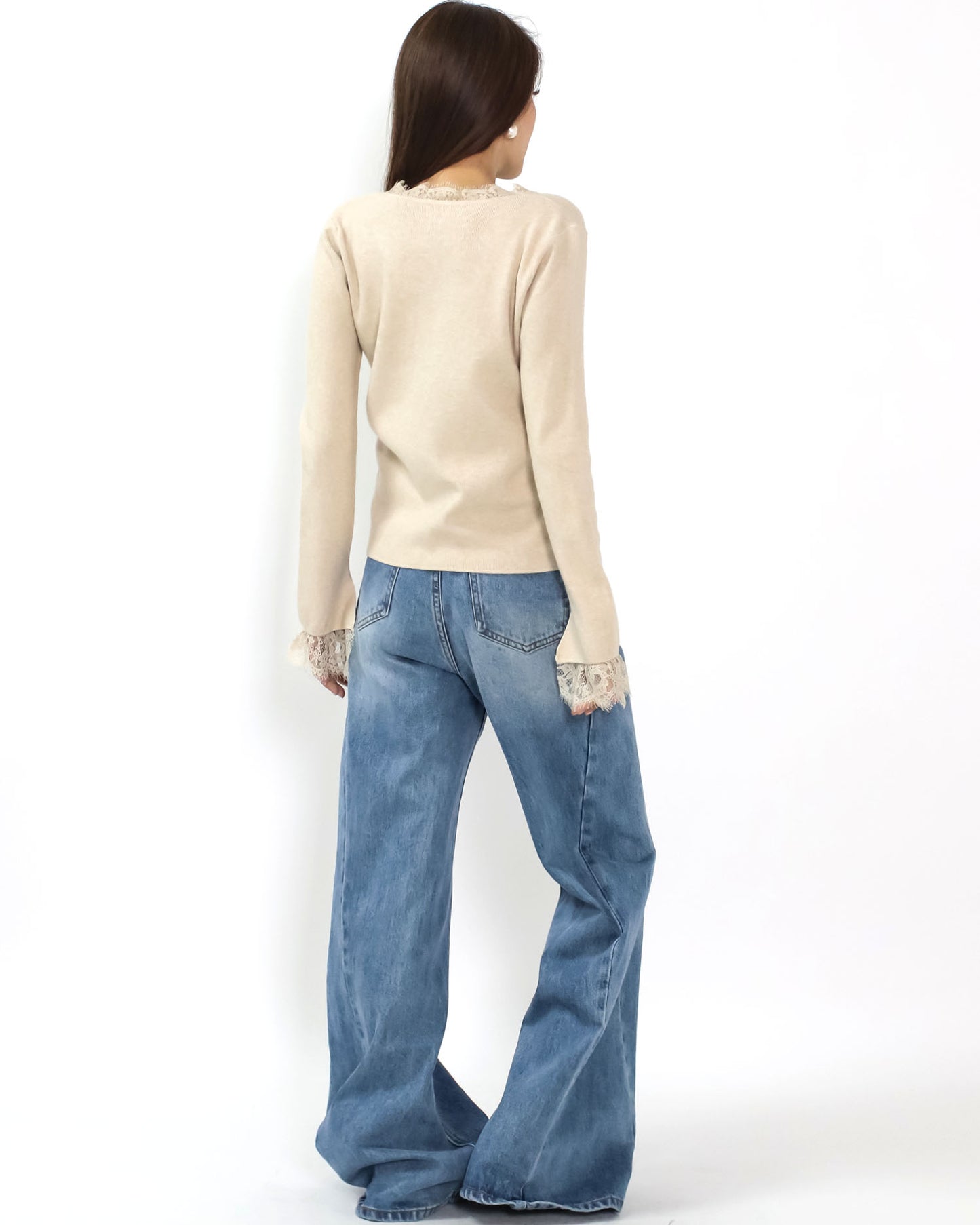 beige oat lace trim knitted top