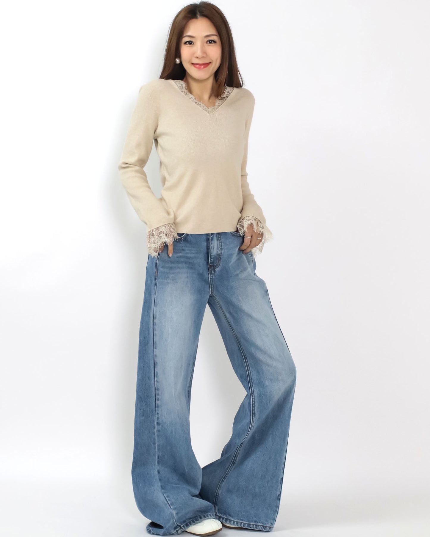 beige oat lace trim knitted top