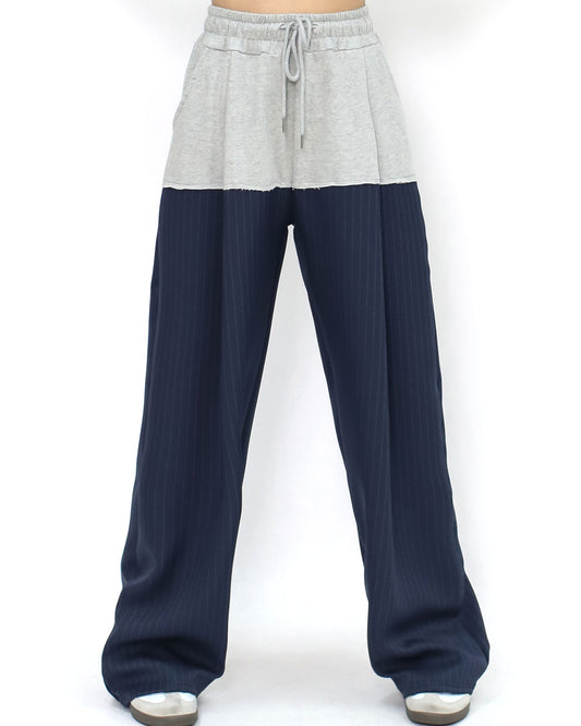 grey sweat w/ blue stripes contrast straight leg pants
