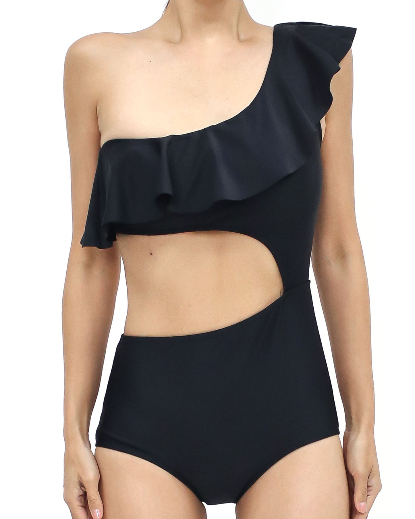 black cutout ruffles one shoulder one-piece swimwear *pre-order*