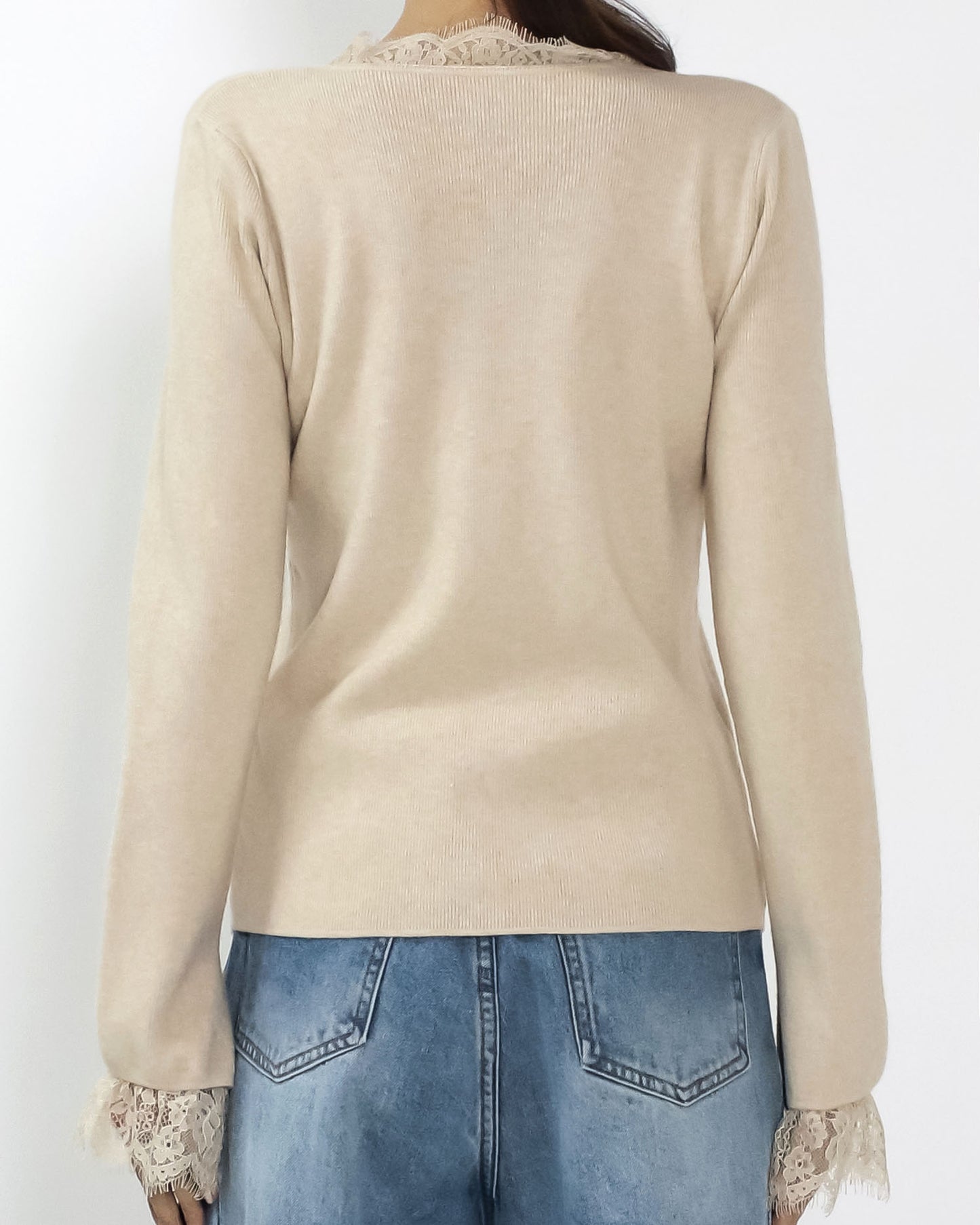 beige oat lace trim knitted top