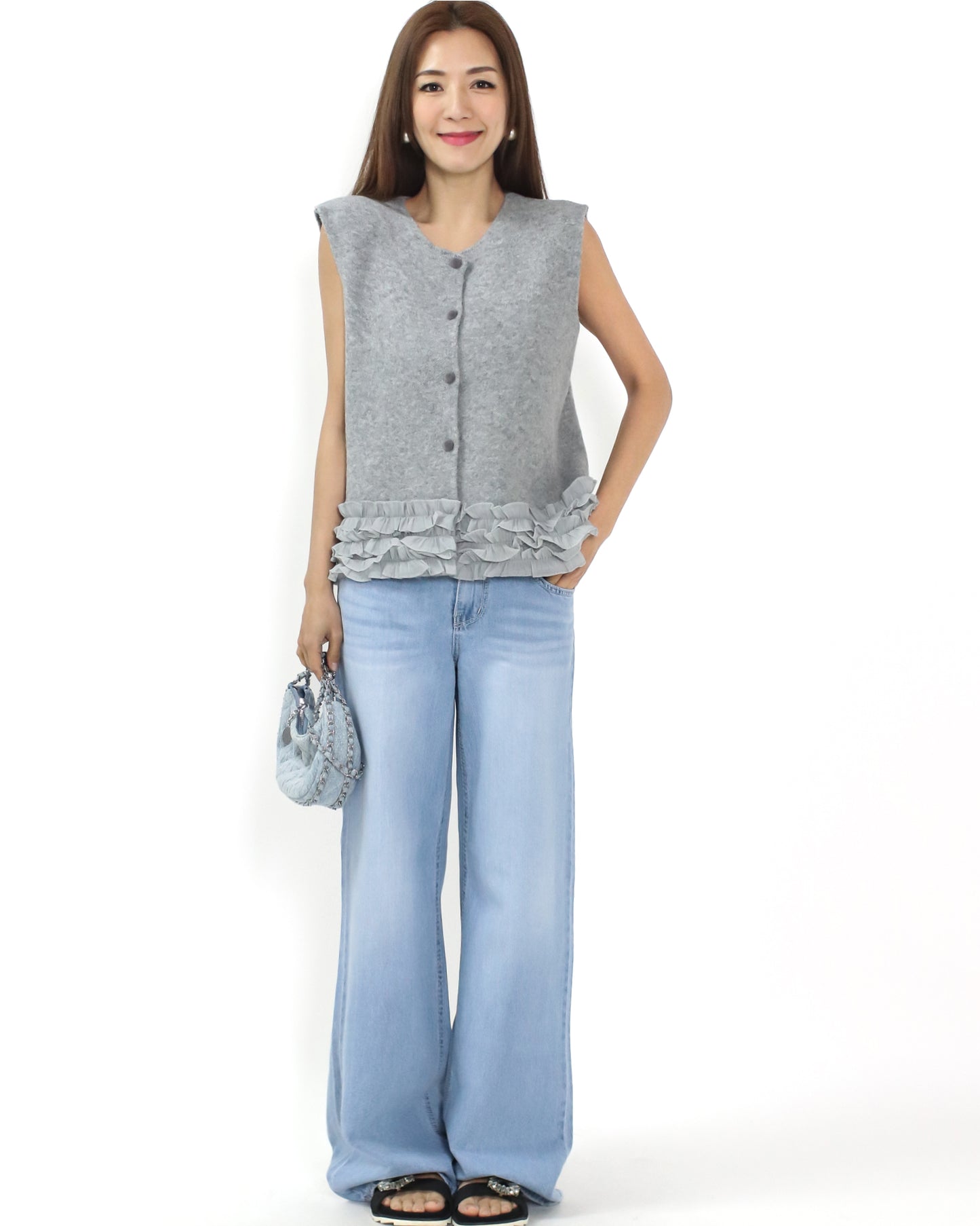 blue denim layer waist straight leg jeans