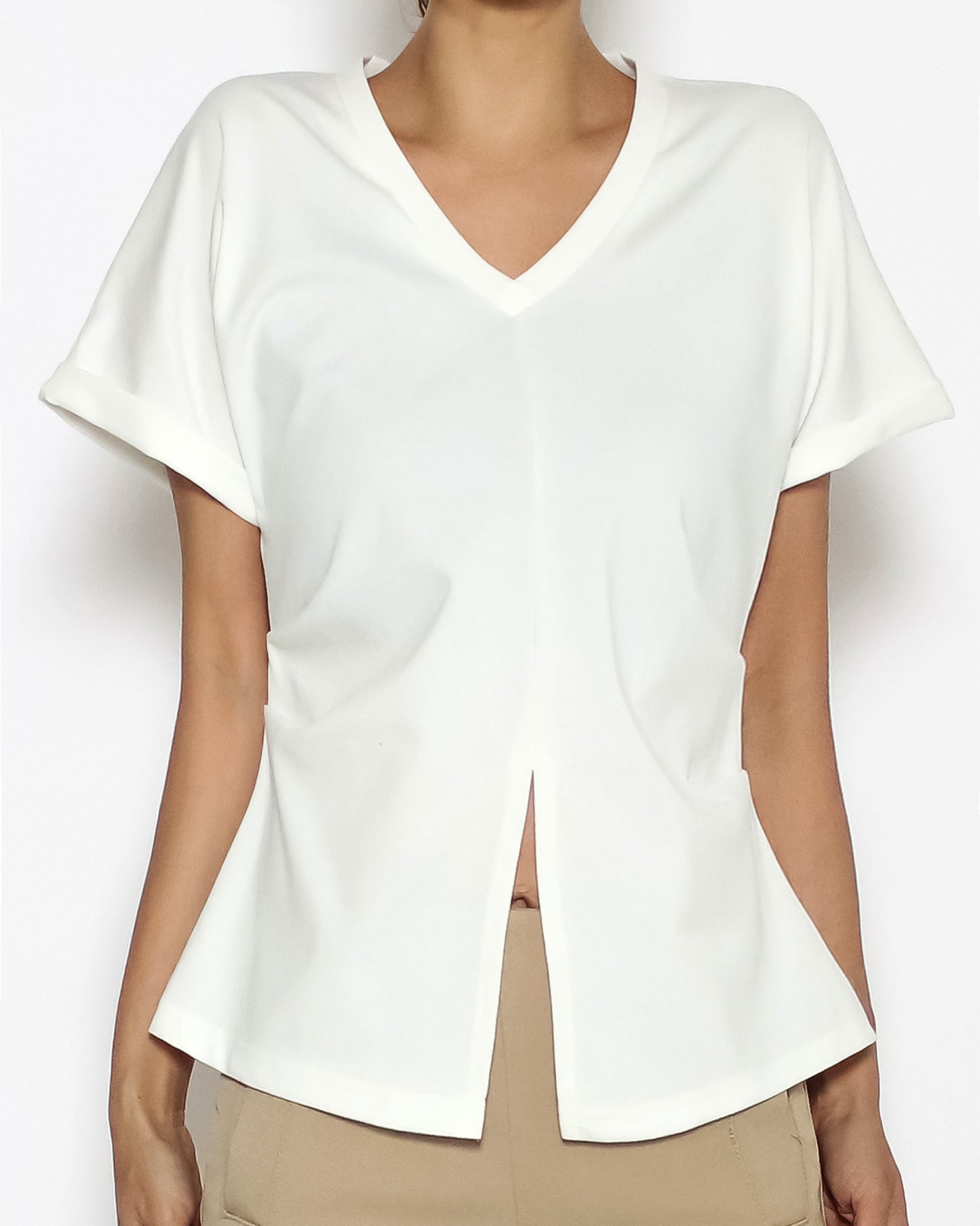 ivory V neck cutout front roll sleeve tee