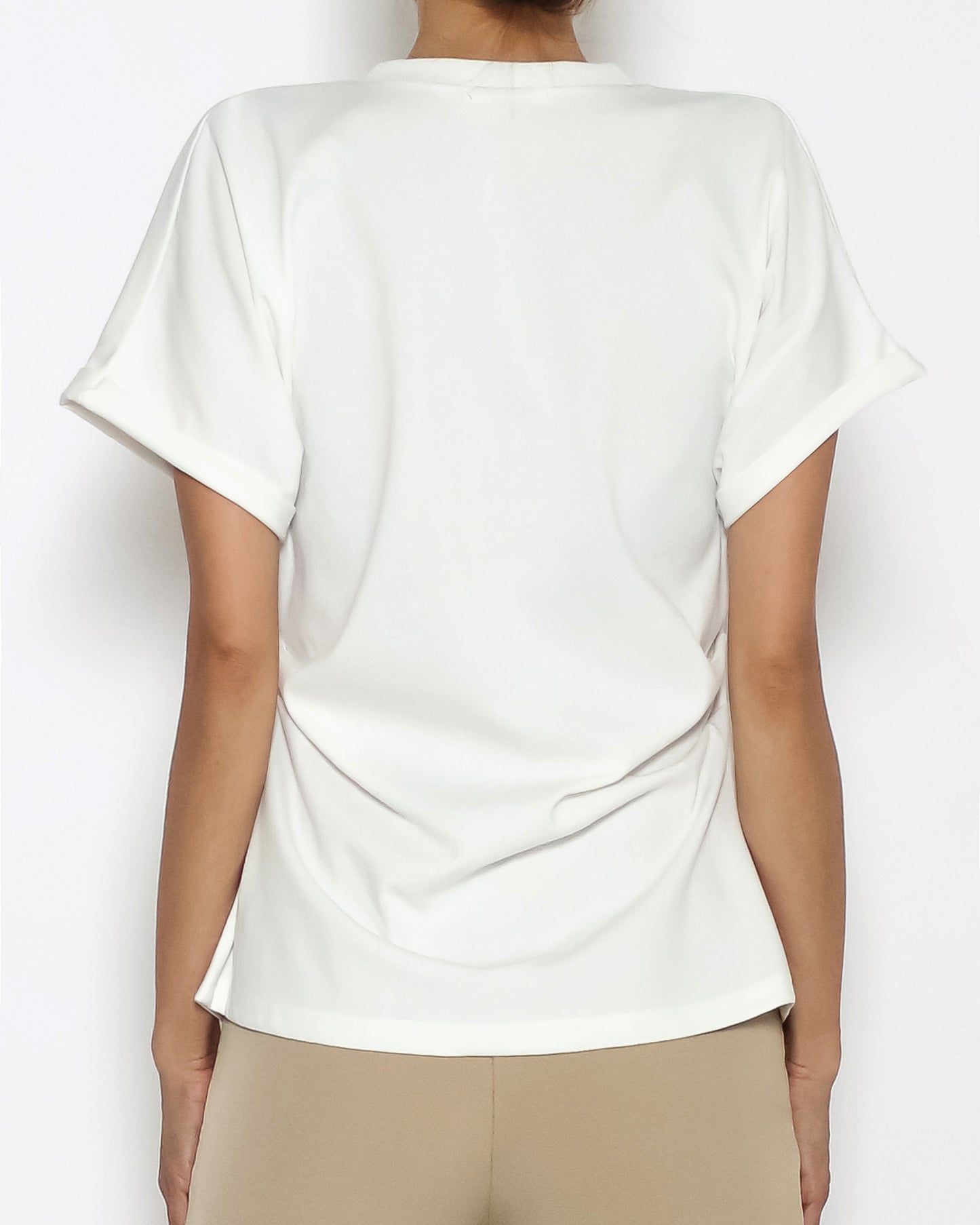 ivory V neck cutout front roll sleeve tee