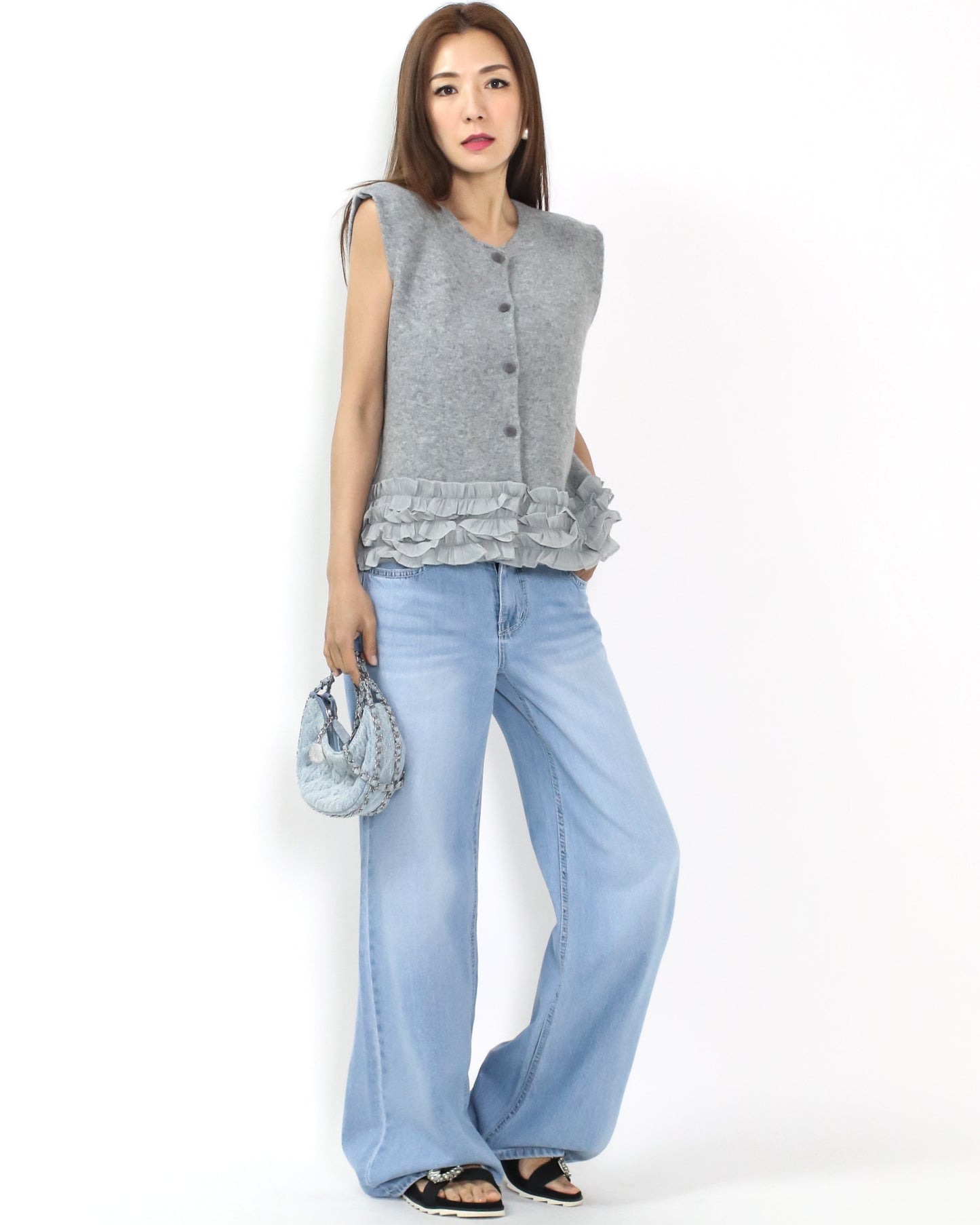 blue denim layer waist straight leg jeans