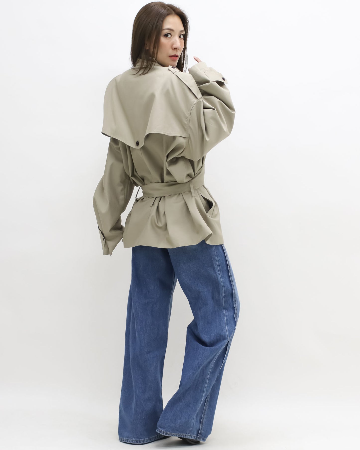 beige longline trench coat w/ belt