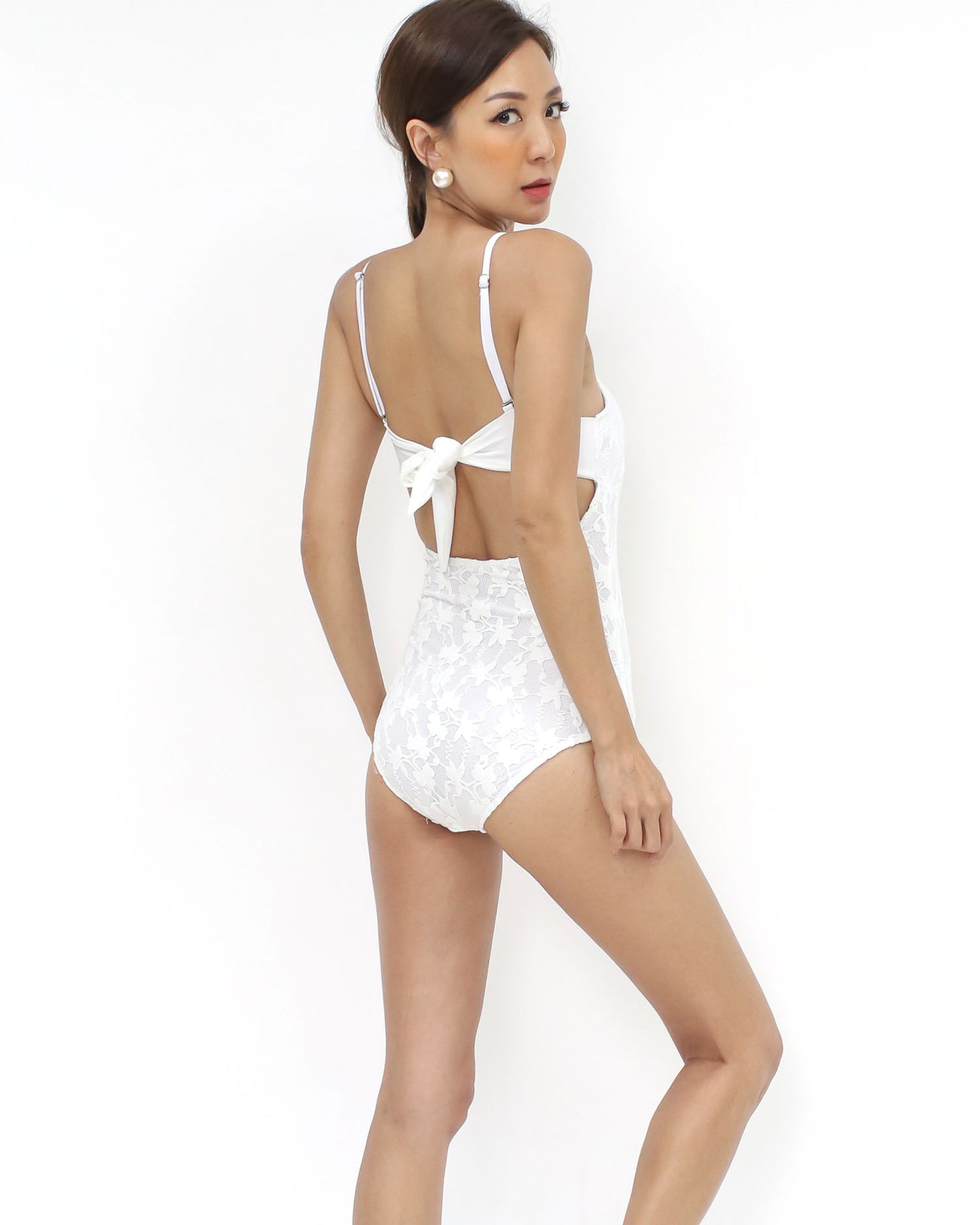 ivory lace halter tie-up back one-piece swimwear *pre-order*