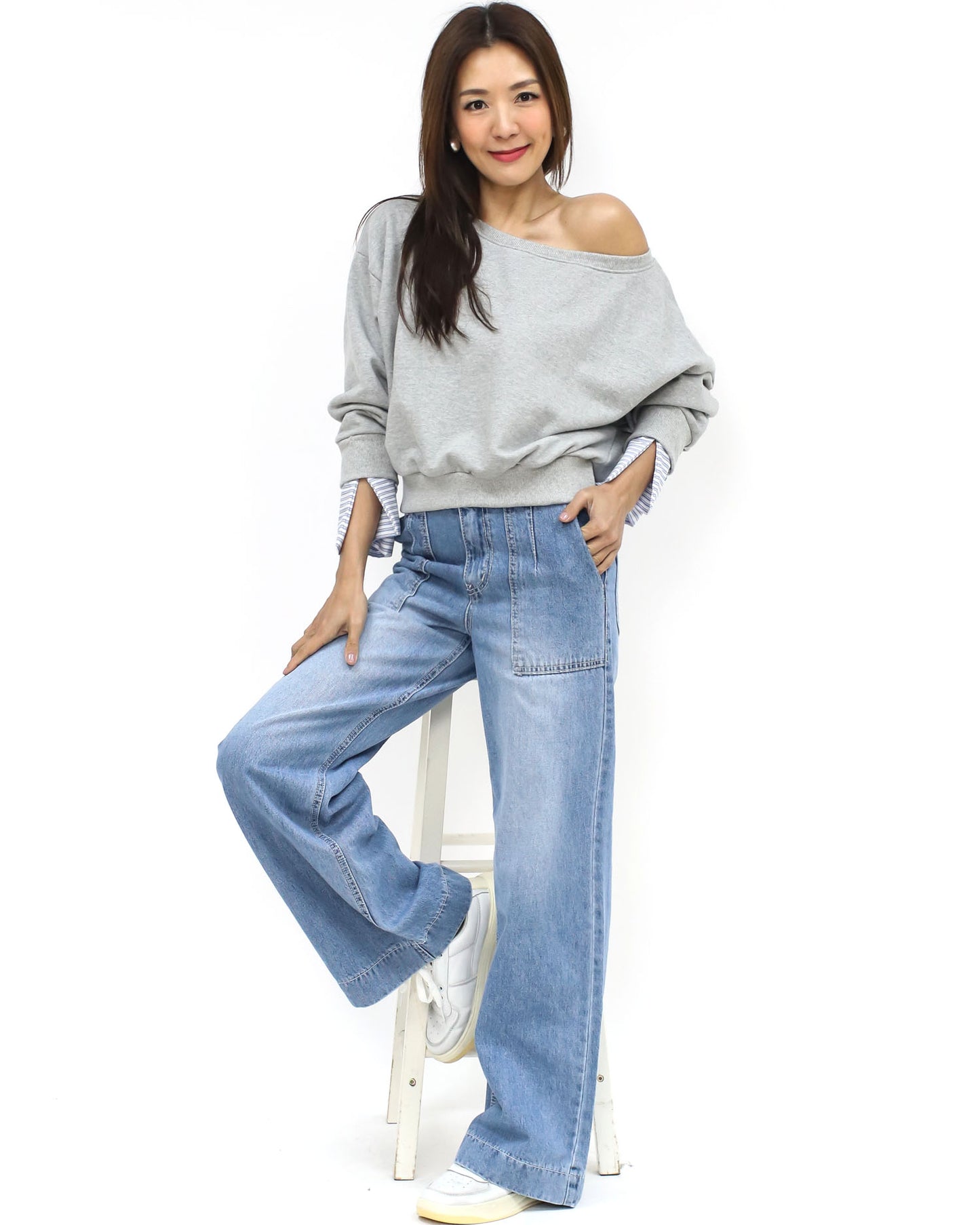grey w/ blue & ivory stripes cuffs off shoulder sweatshirt