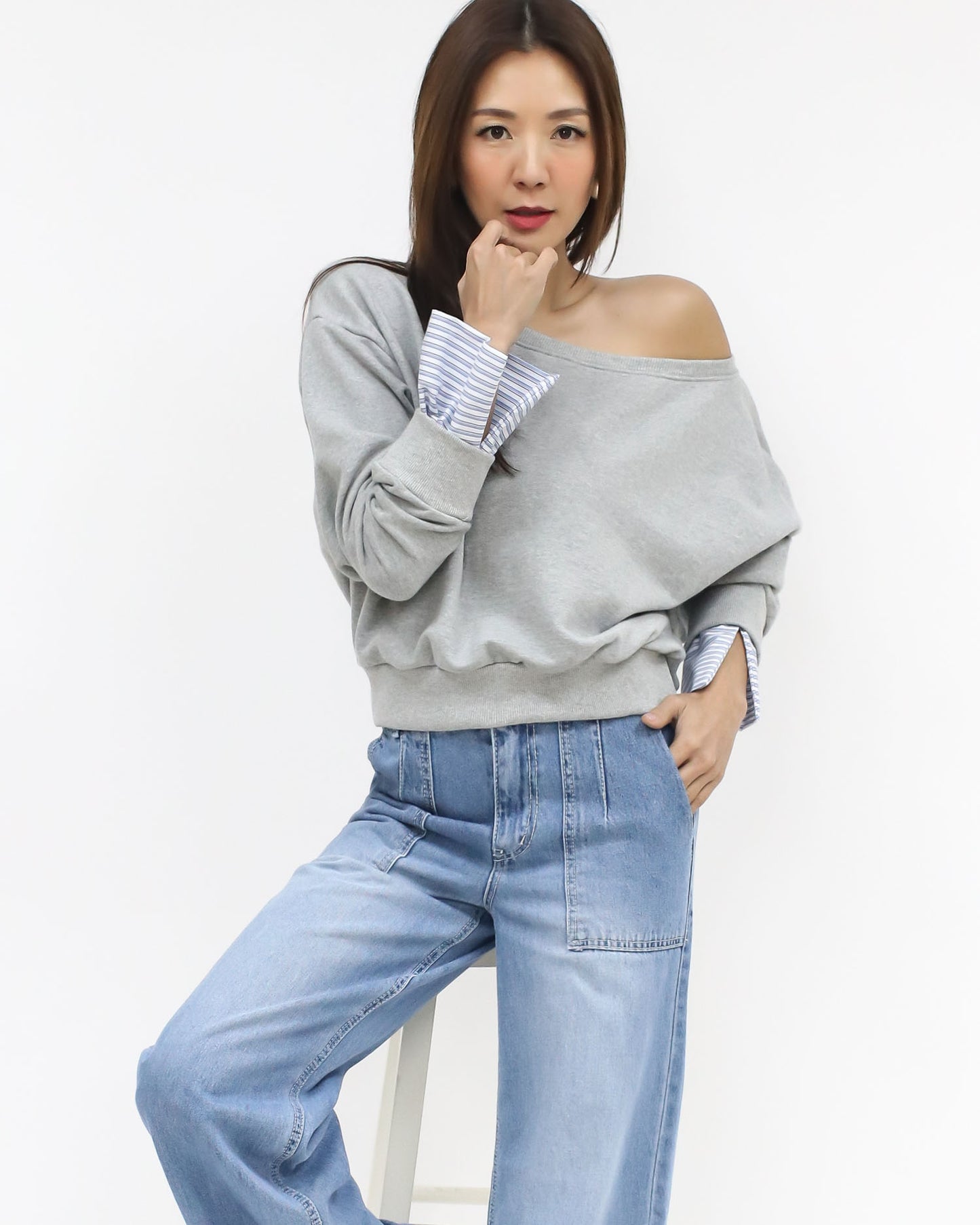grey w/ blue & ivory stripes cuffs off shoulder sweatshirt
