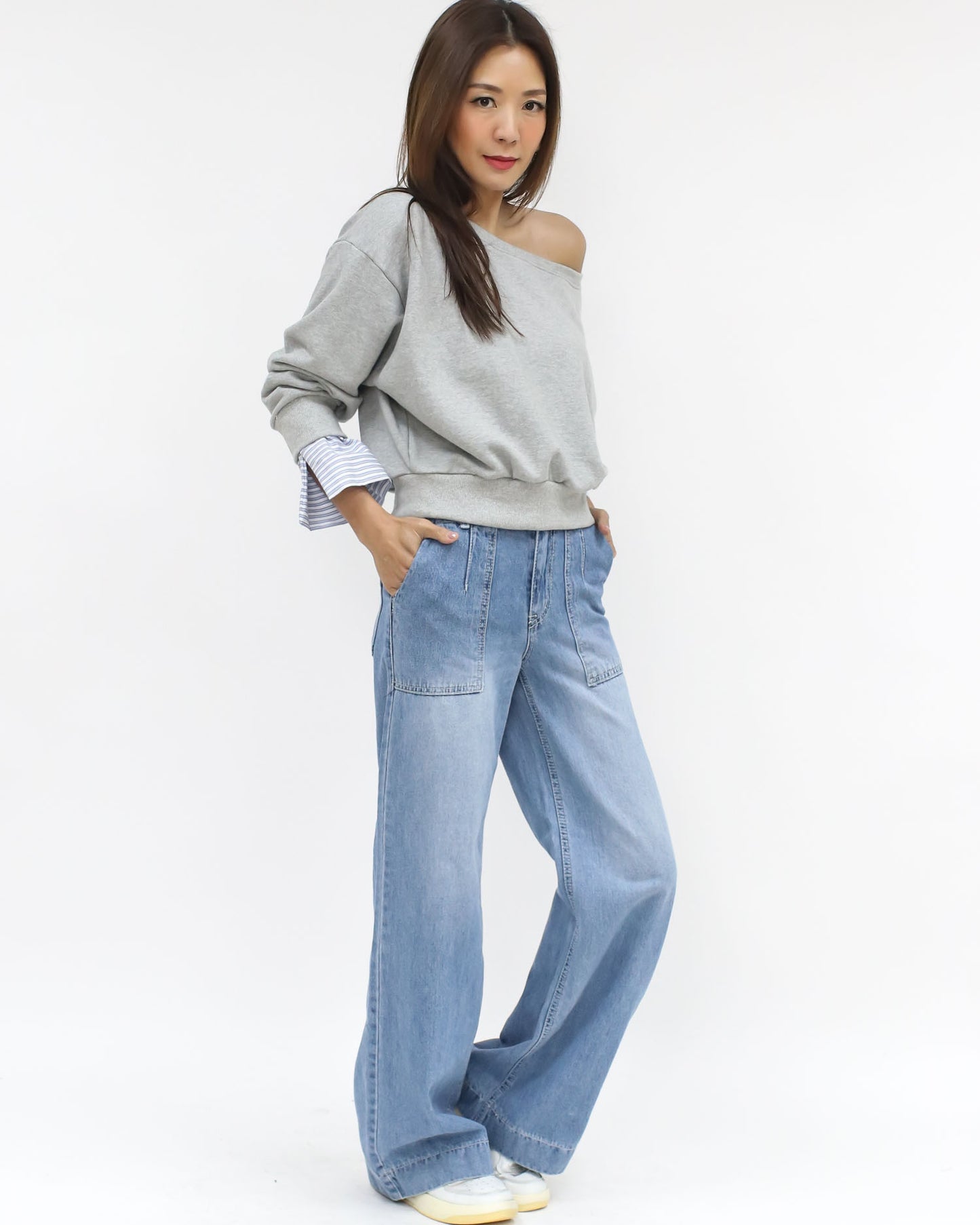 grey w/ blue & ivory stripes cuffs off shoulder sweatshirt
