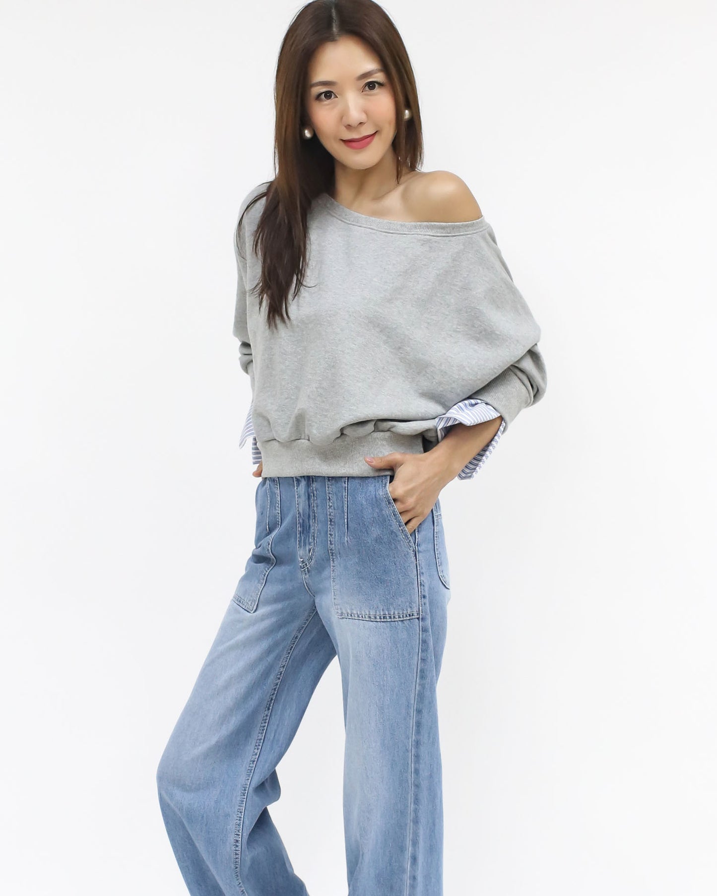 grey w/ blue & ivory stripes cuffs off shoulder sweatshirt