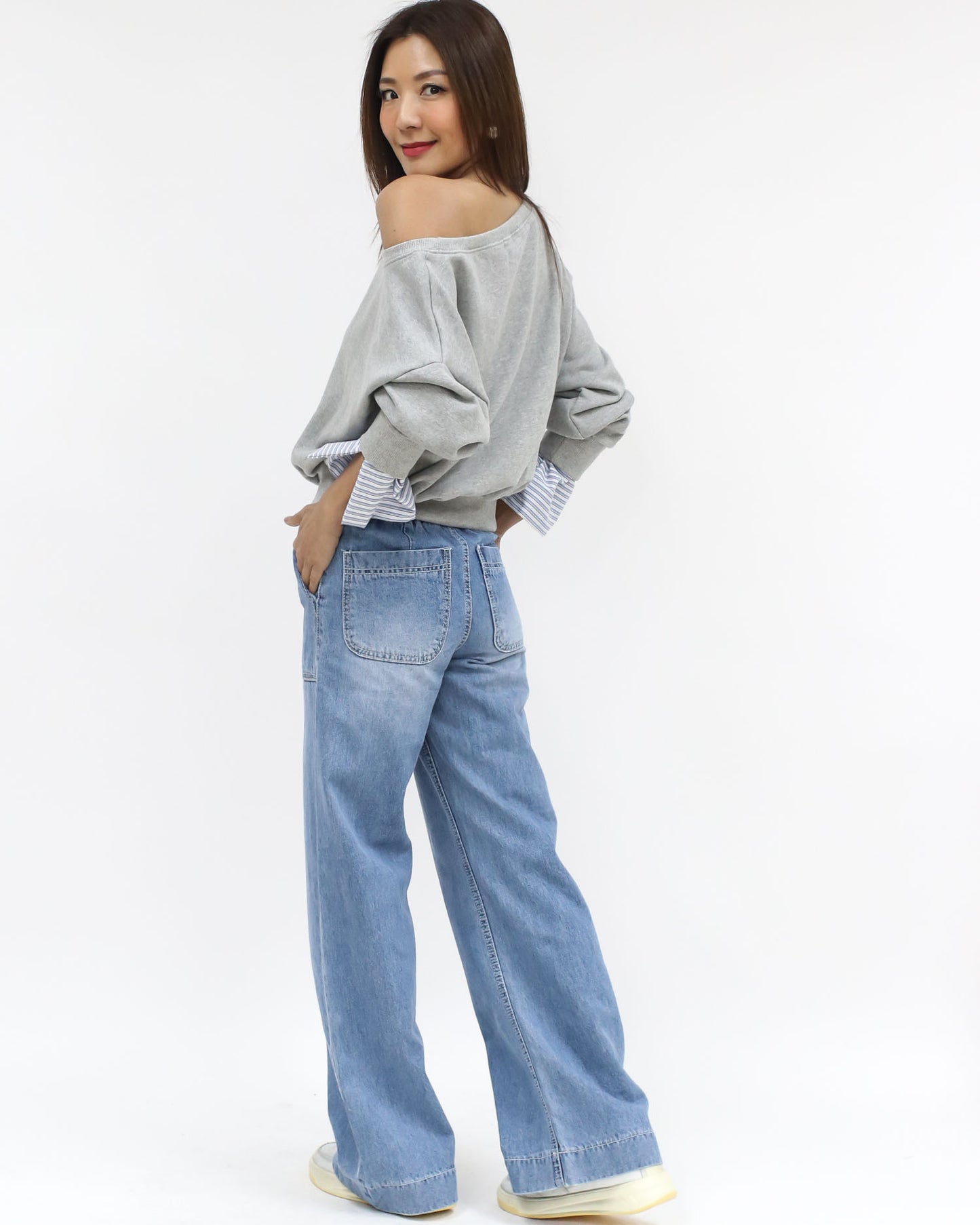 grey w/ blue & ivory stripes cuffs off shoulder sweatshirt