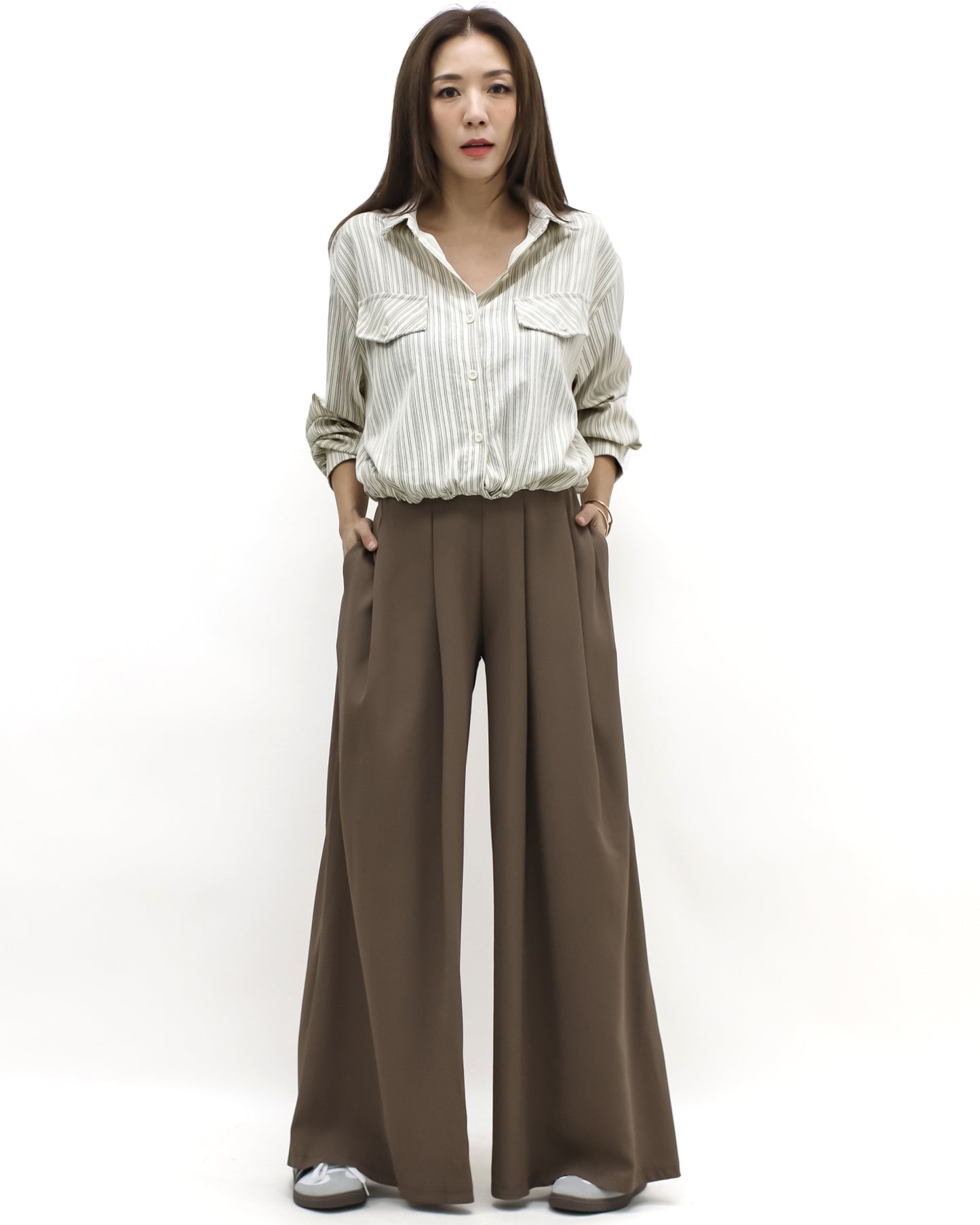 brown pleats front wide legs pants