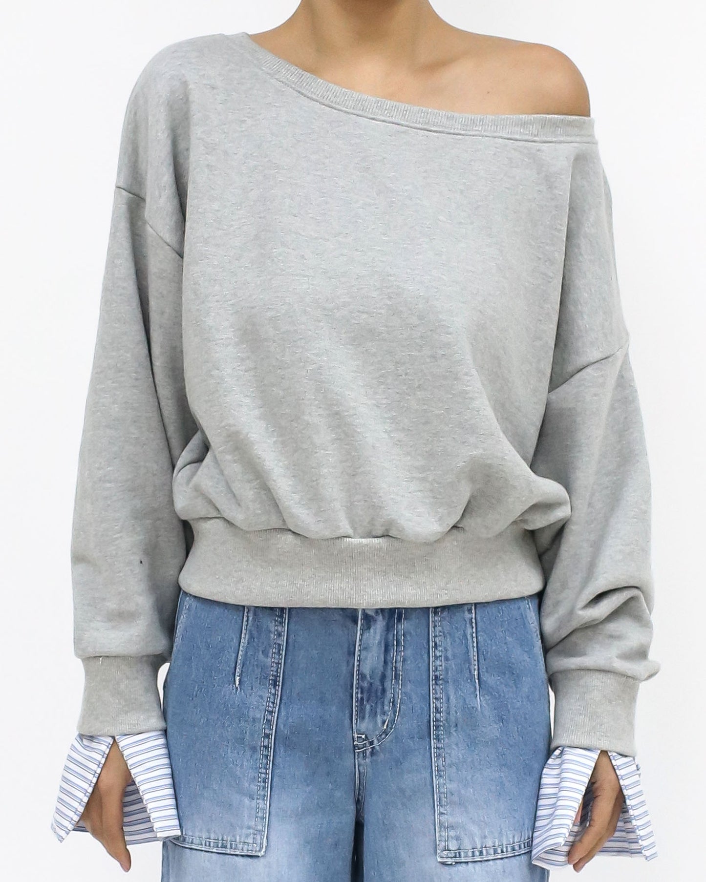 grey w/ blue & ivory stripes cuffs off shoulder sweatshirt